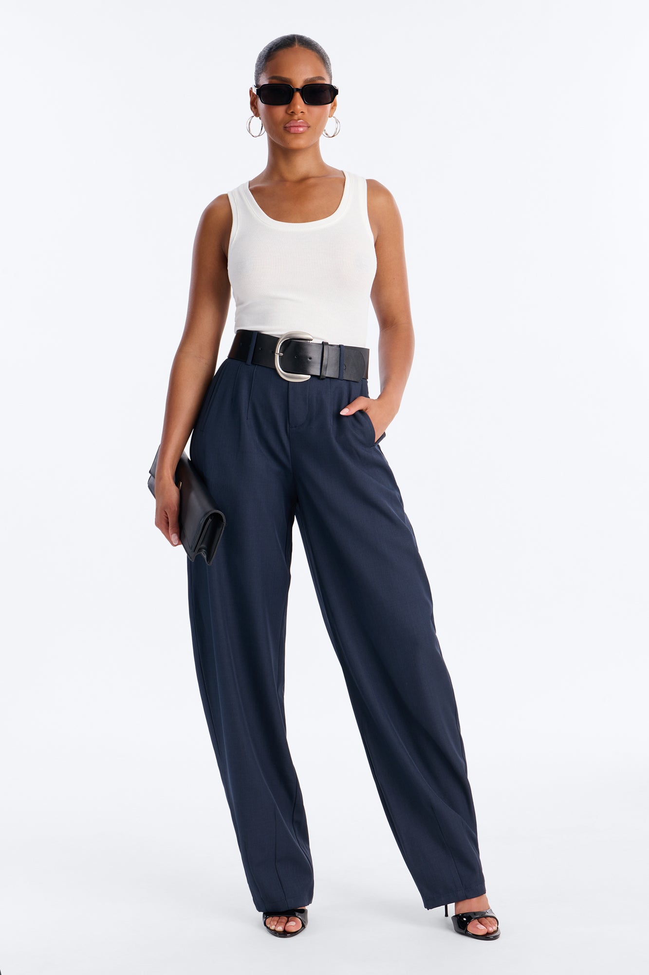 Rebecca Belted Barrel Trouser Pants - Navy