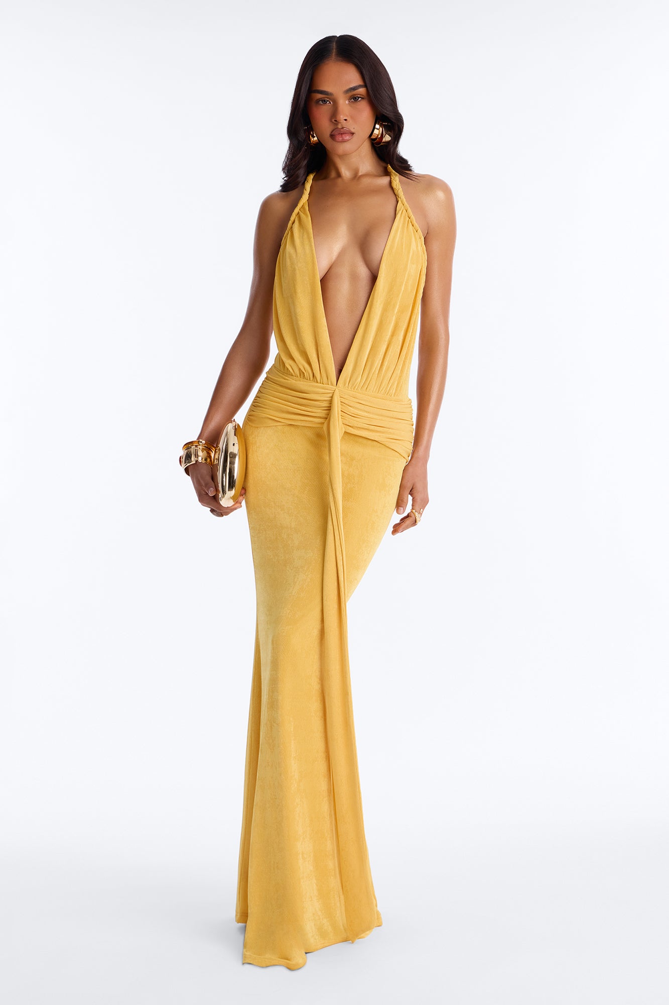 No Budget Braided Slinky Maxi Dress - Mustard