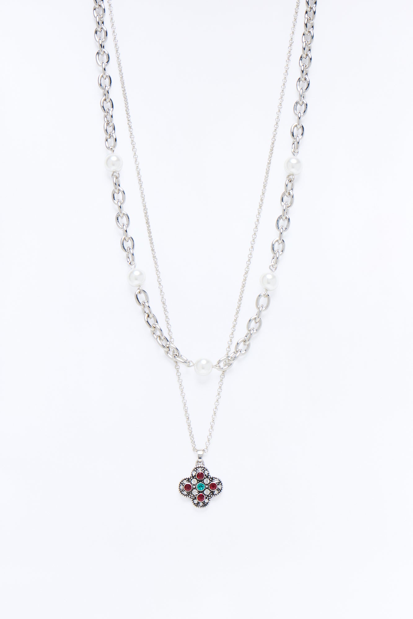 Clover And Pearls Chain Necklace Set - Silver