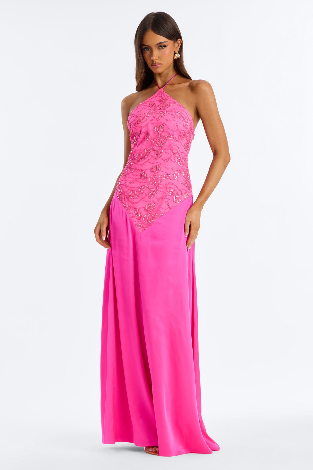 Sasha Embroidered Satin Gown - Hot Pink