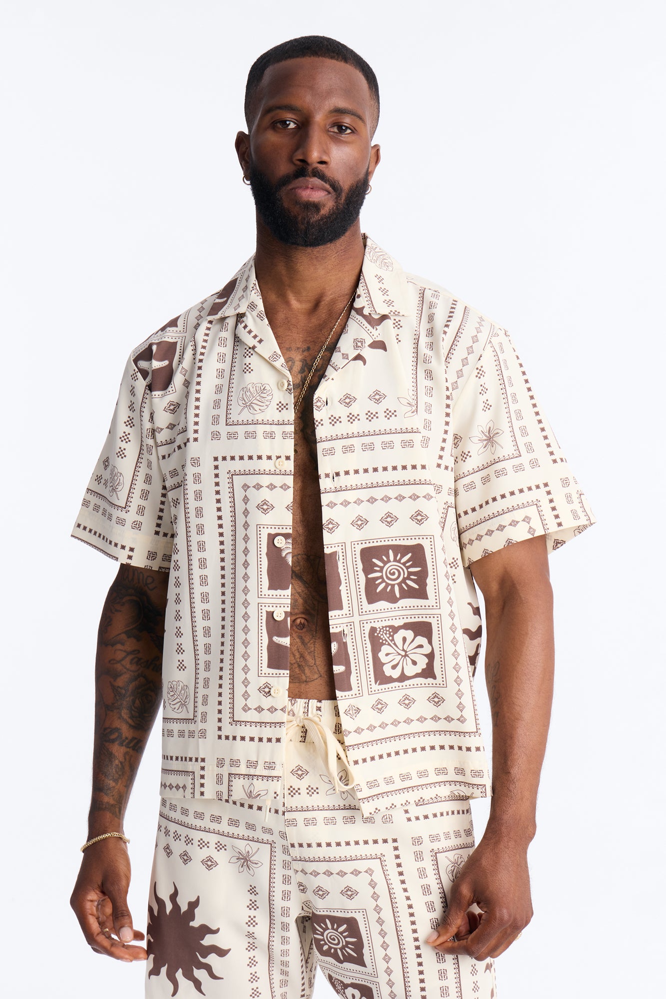 Relaxed Terra Mosaic Cuban Collar Button Up Shirt - Brown