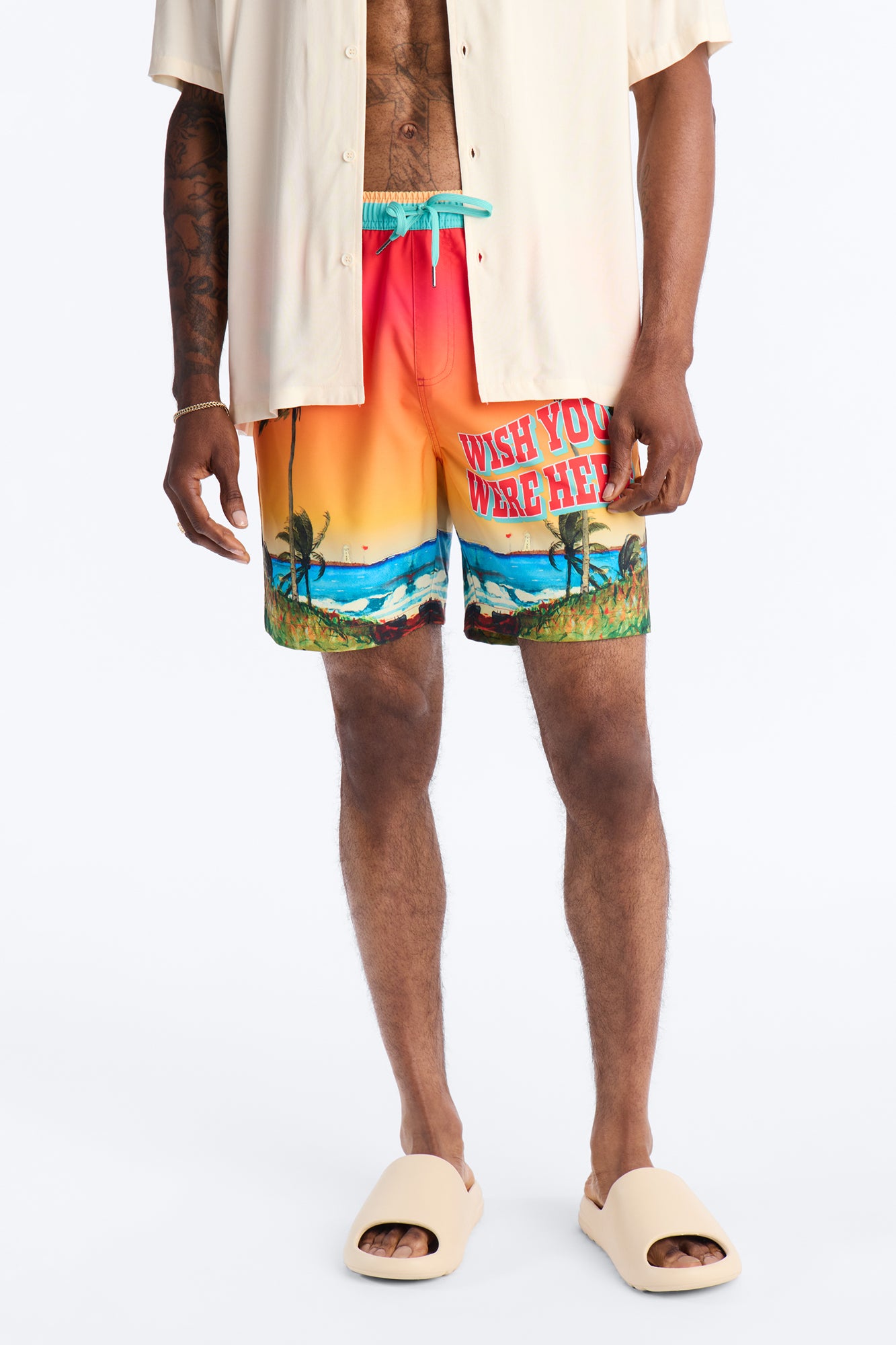 Wish You Were Here Postcard Swim Trunk 7″ - Multi Color
