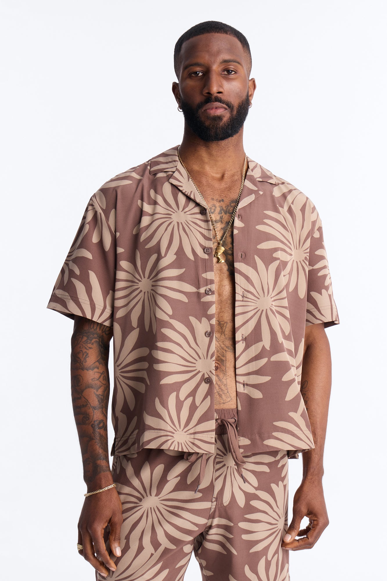Relaxed Tulum Bloom Cuban Collar Button Up Shirt - Brown