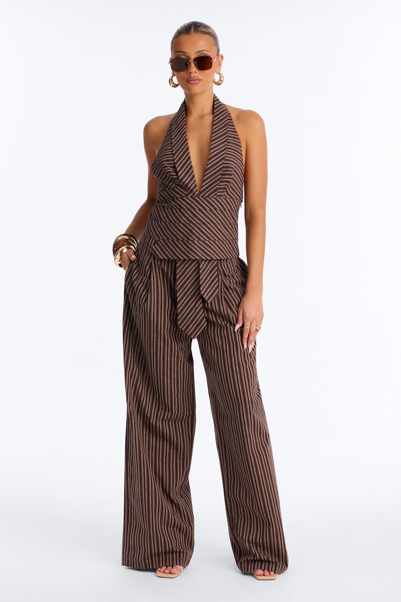 No Ties Linen Halter Pant Set - Brown