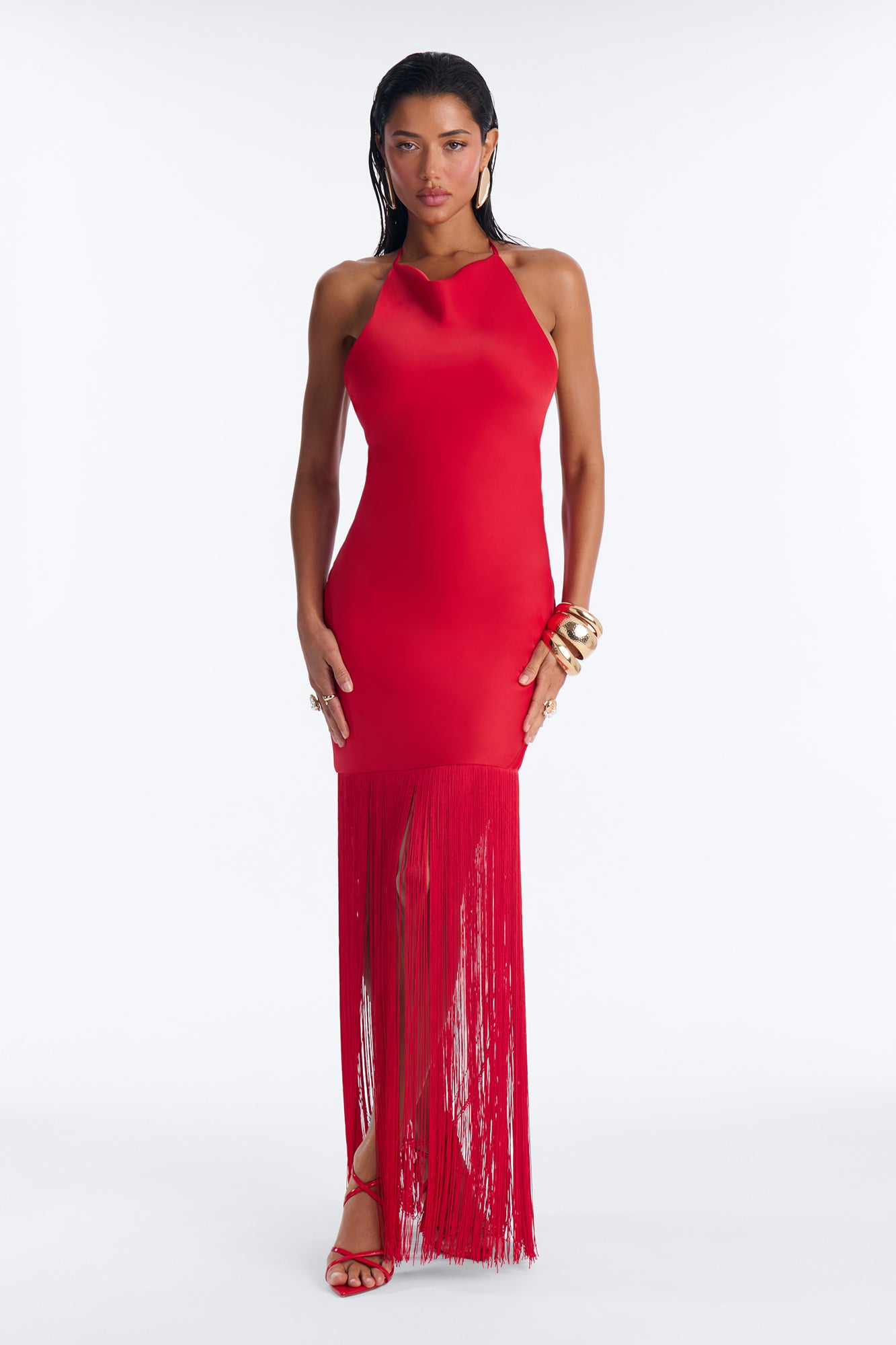 Brielle Satin Cowl Neck Fringe Maxi Dress - Red
