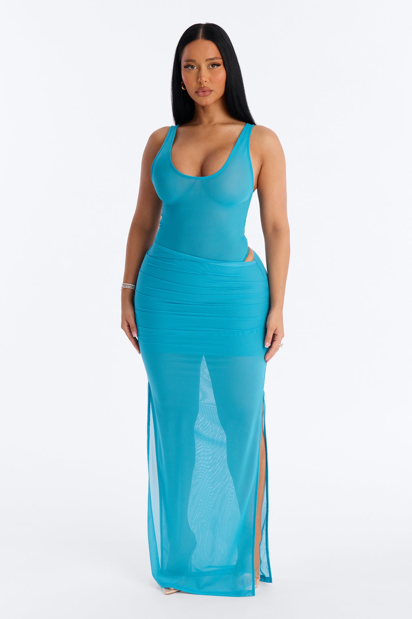 Power Mesh Deep U Neck Sleeveless Bodysuit - Blue image 2