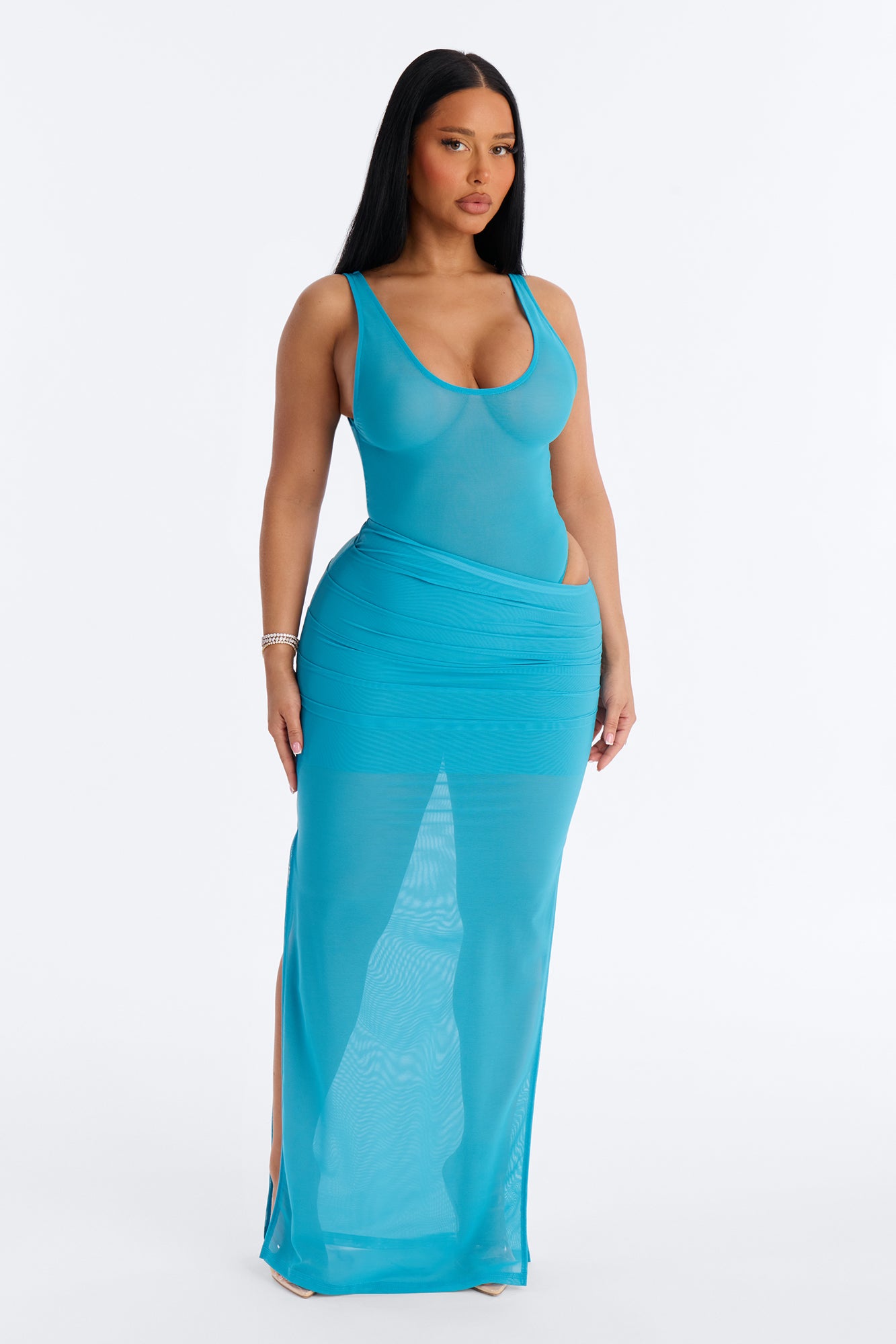 Power Mesh Ruched Maxi Skirt - Blue