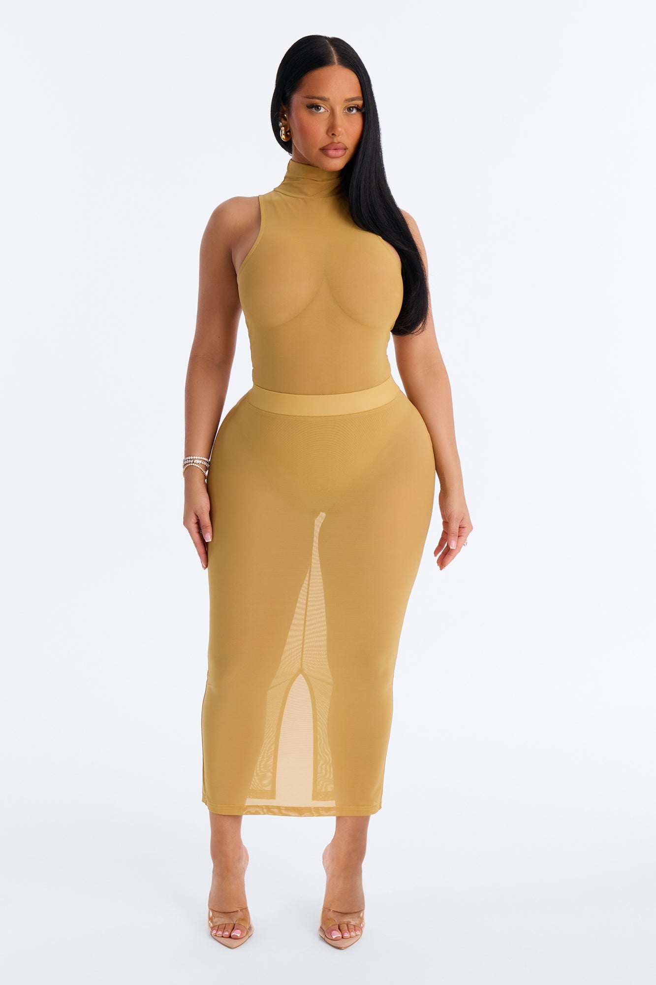 Power Mesh Turtle Neck Sleeveless Bodysuit - Honey image 2