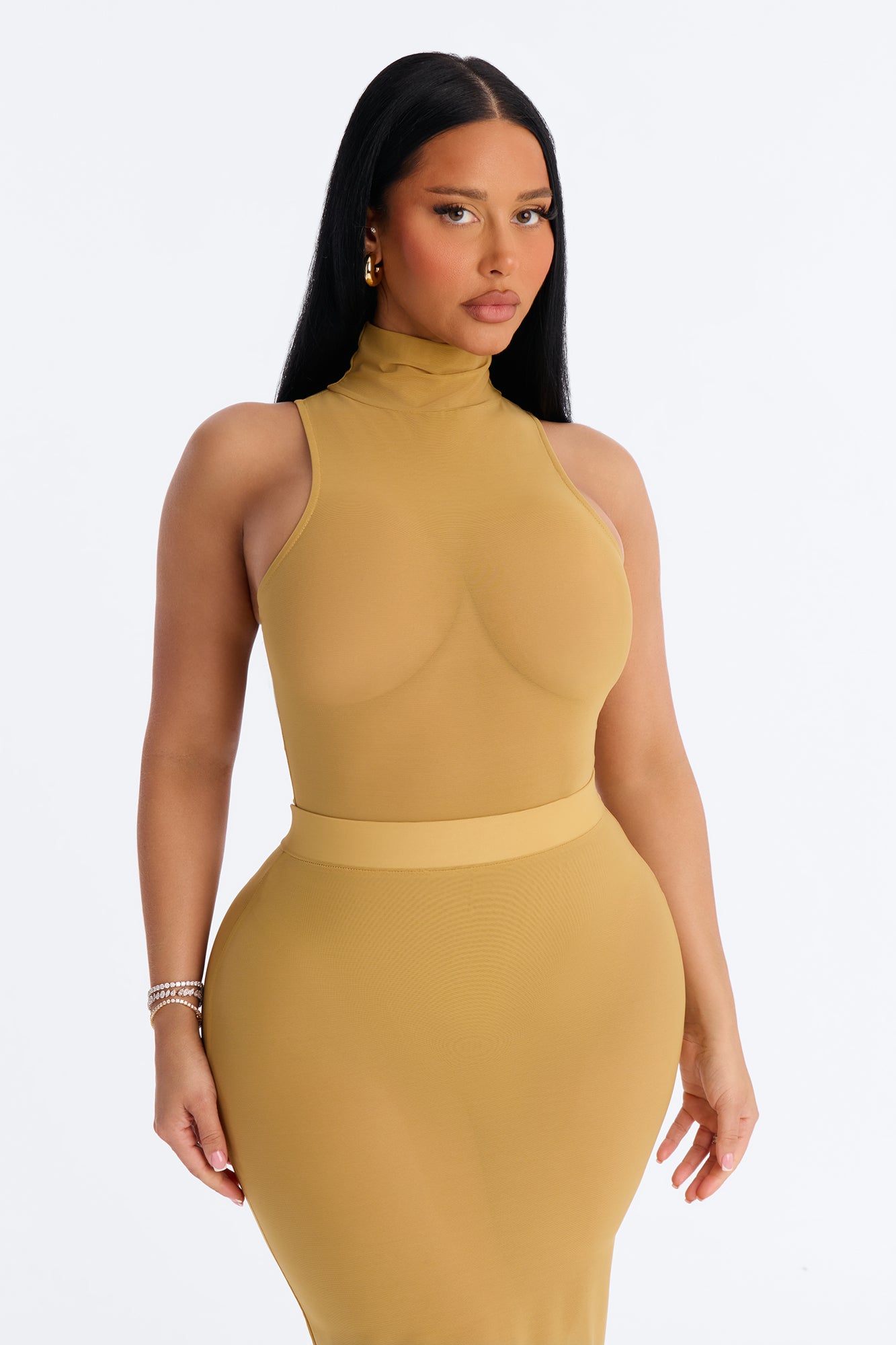 Power Mesh Turtle Neck Sleeveless Bodysuit - Honey image 3