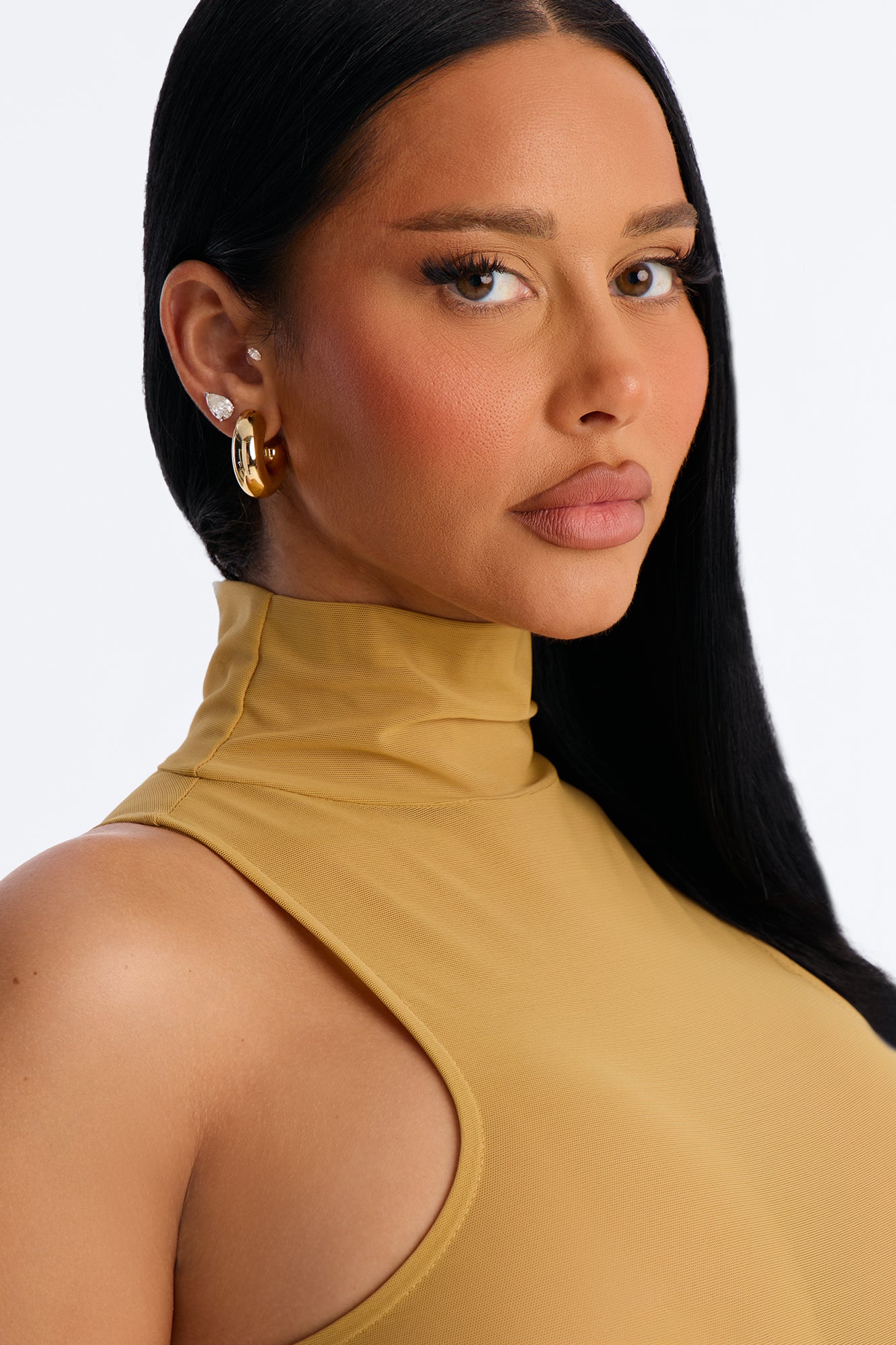 Power Mesh Turtle Neck Sleeveless Bodysuit - Honey image 4