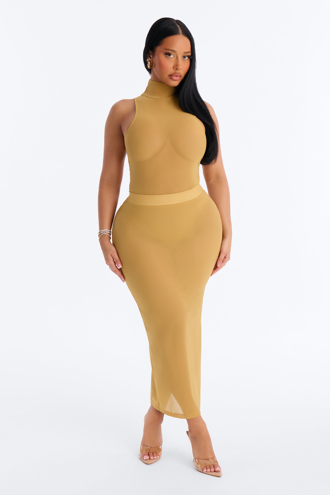 Power Mesh Midi Pencil Skirt - Honey