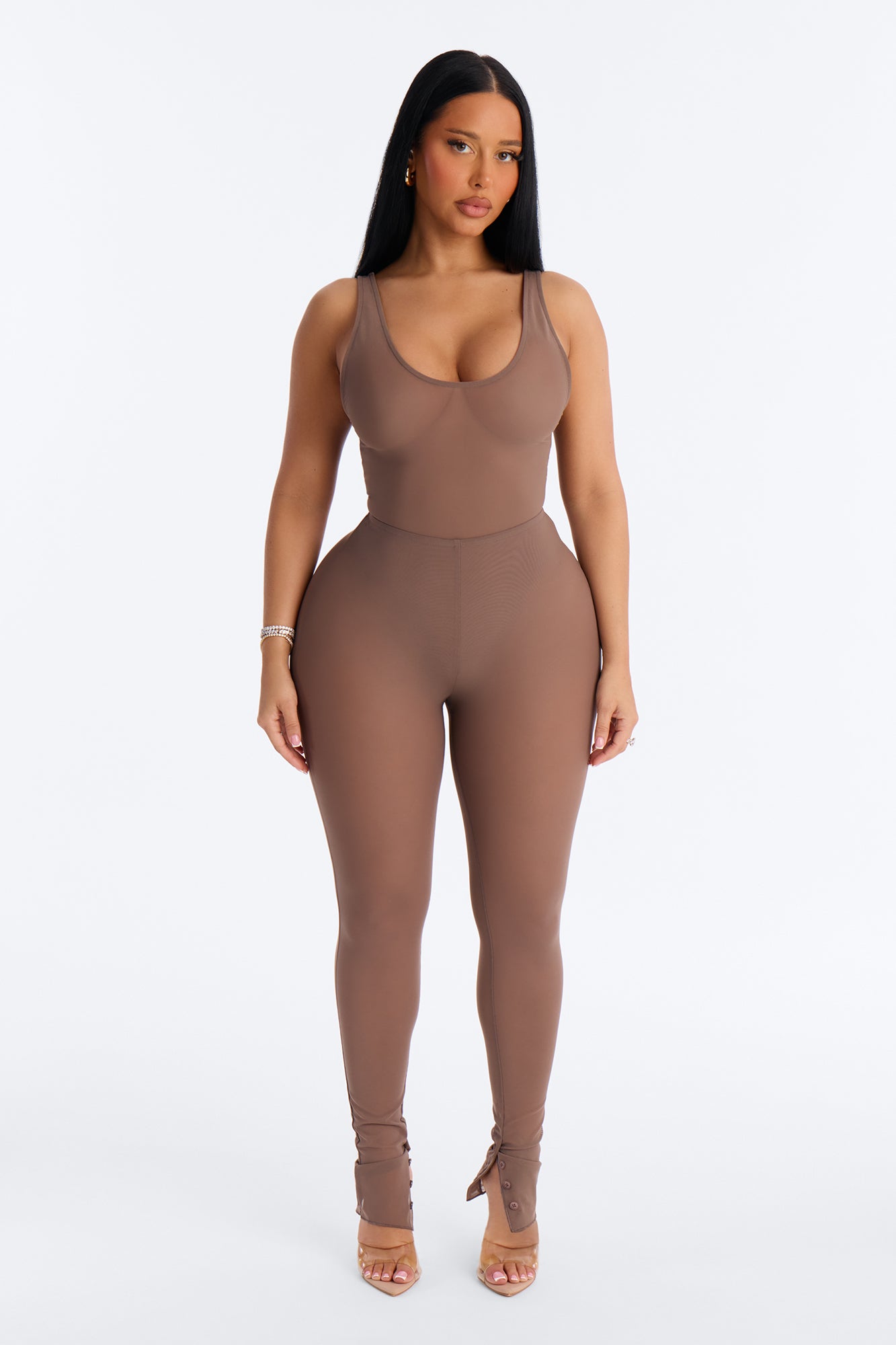 Power Mesh Deep U Neck Sleeveless Bodysuit - Brown image 2