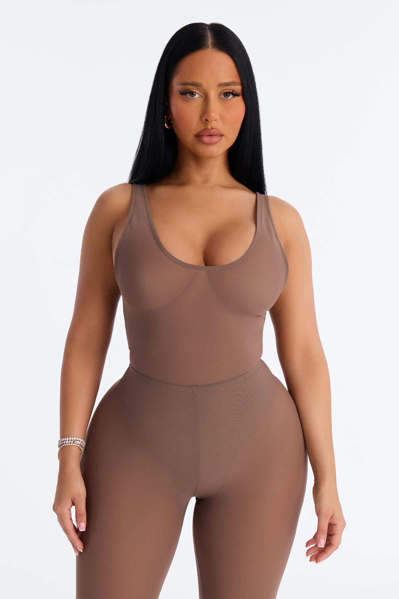 Power Mesh Deep U Neck Sleeveless Bodysuit - Brown image 3