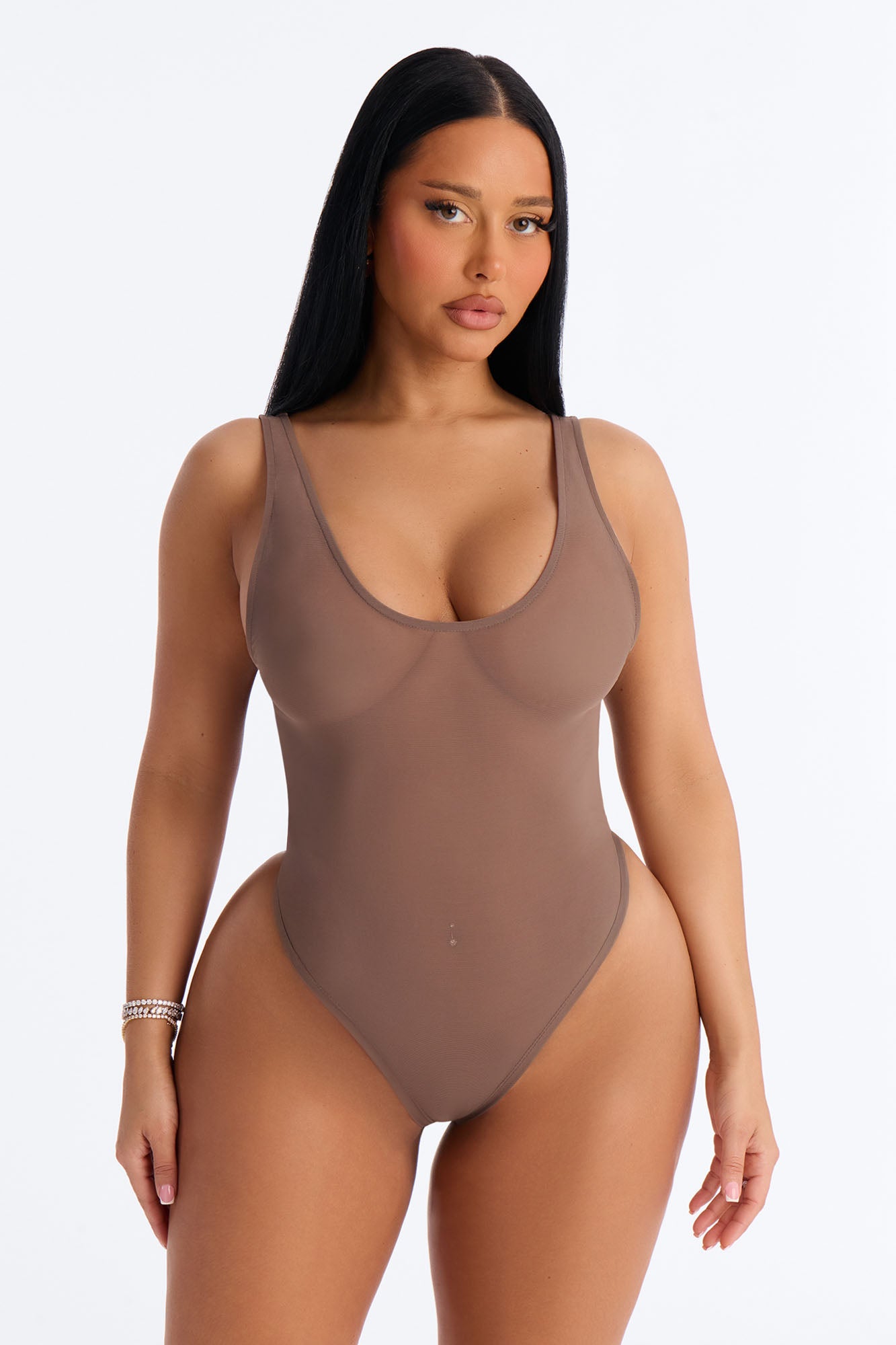 Power Mesh Deep U Neck Sleeveless Bodysuit - Brown
