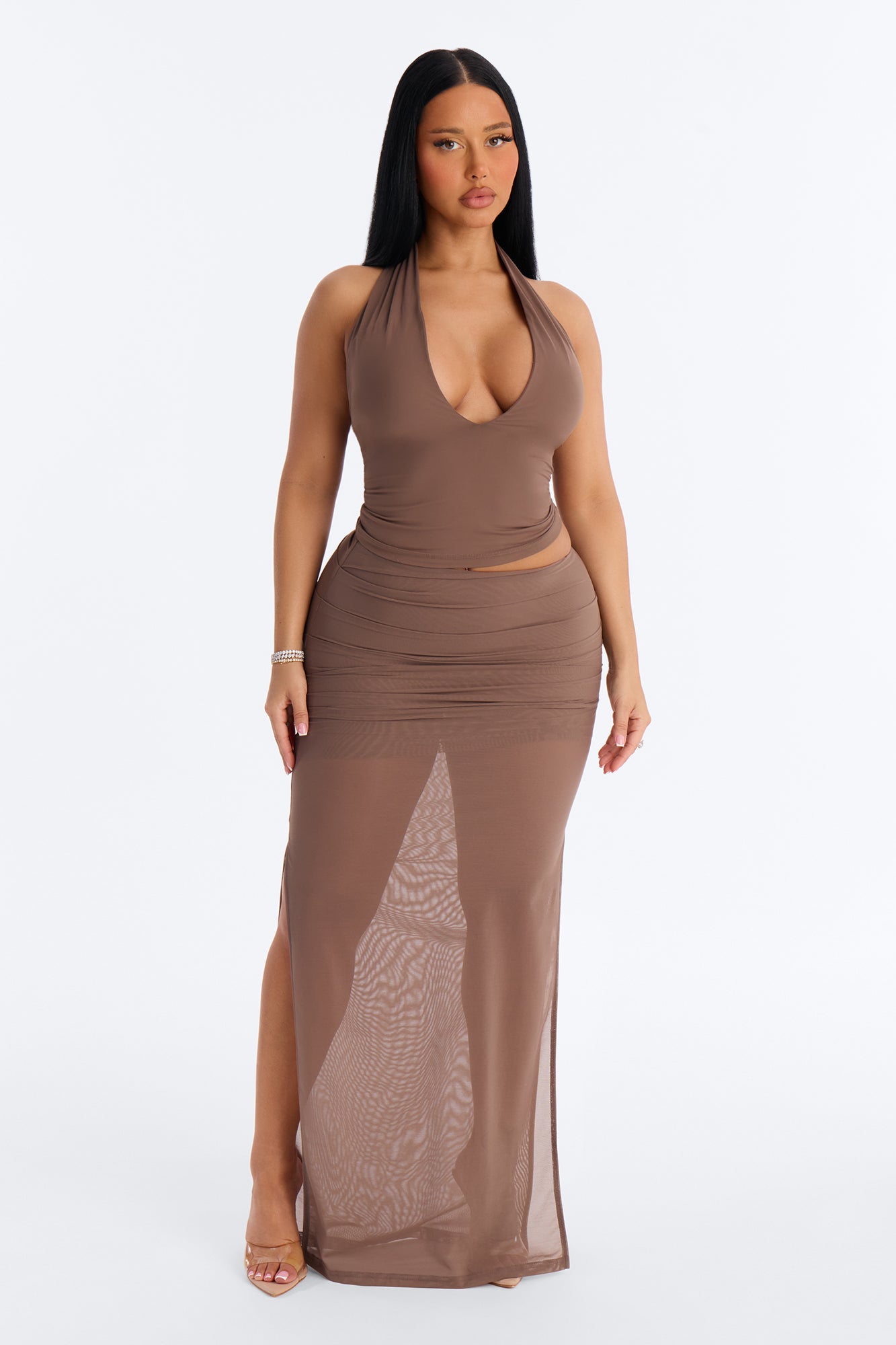 Power Mesh Ruched Maxi Skirt - Brown