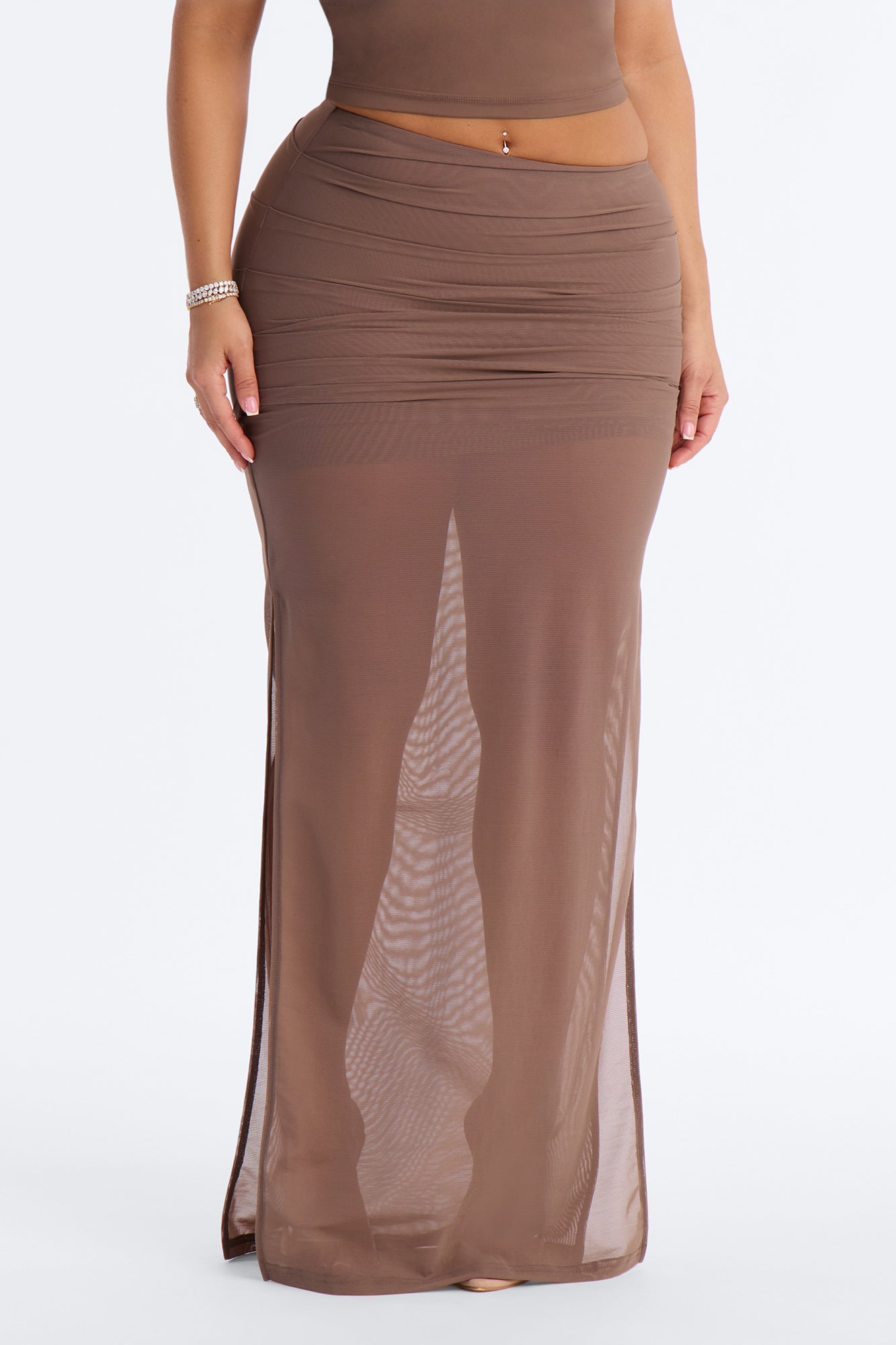 Power Mesh Ruched Maxi Skirt - Brown image 2