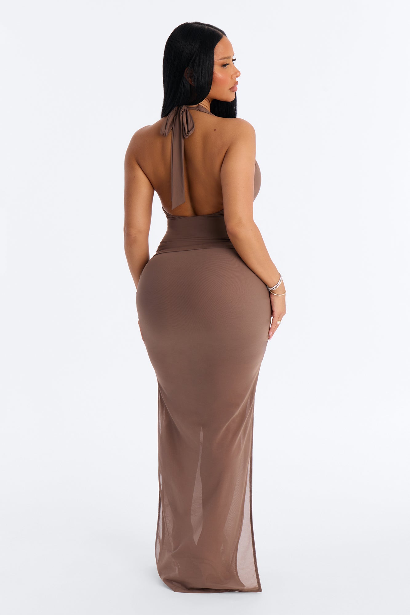Power Mesh Ruched Maxi Skirt - Brown image 4