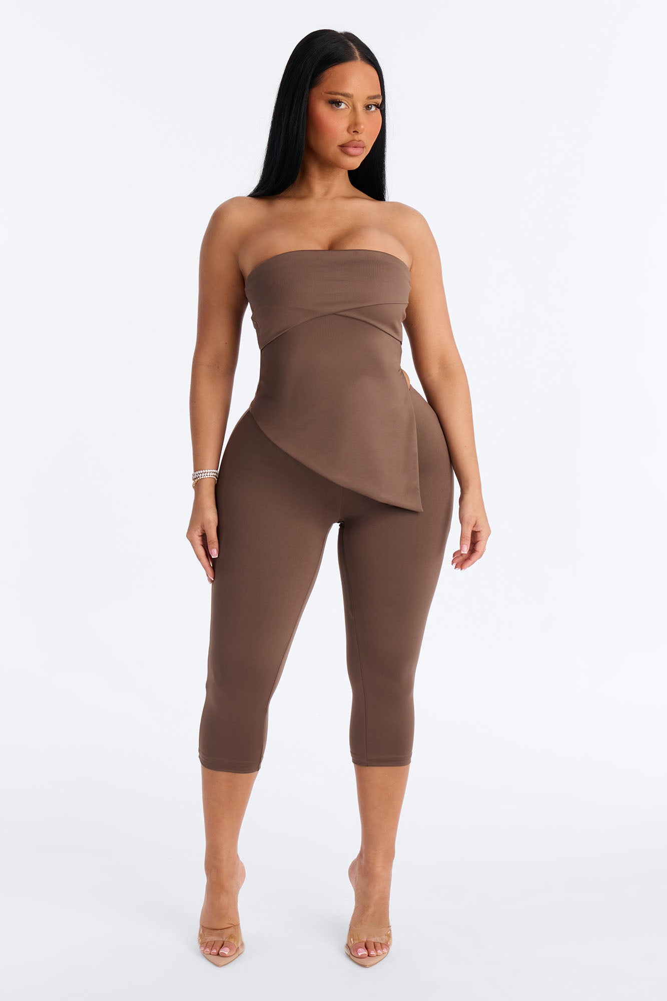 Contour Double Lined Asymmetrical Split Tube Top - Brown