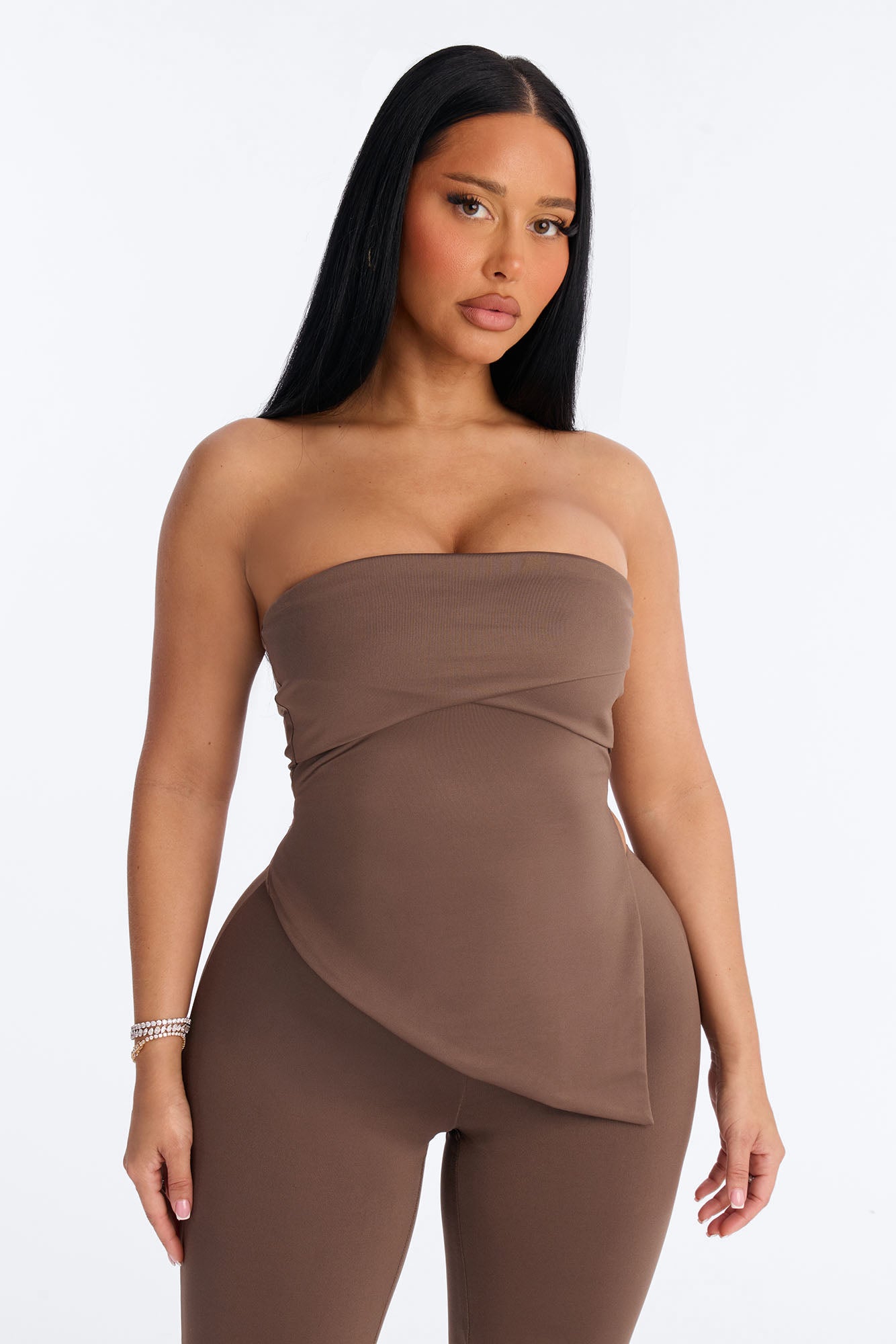 Contour Double Lined Asymmetrical Split Tube Top - Brown image 2