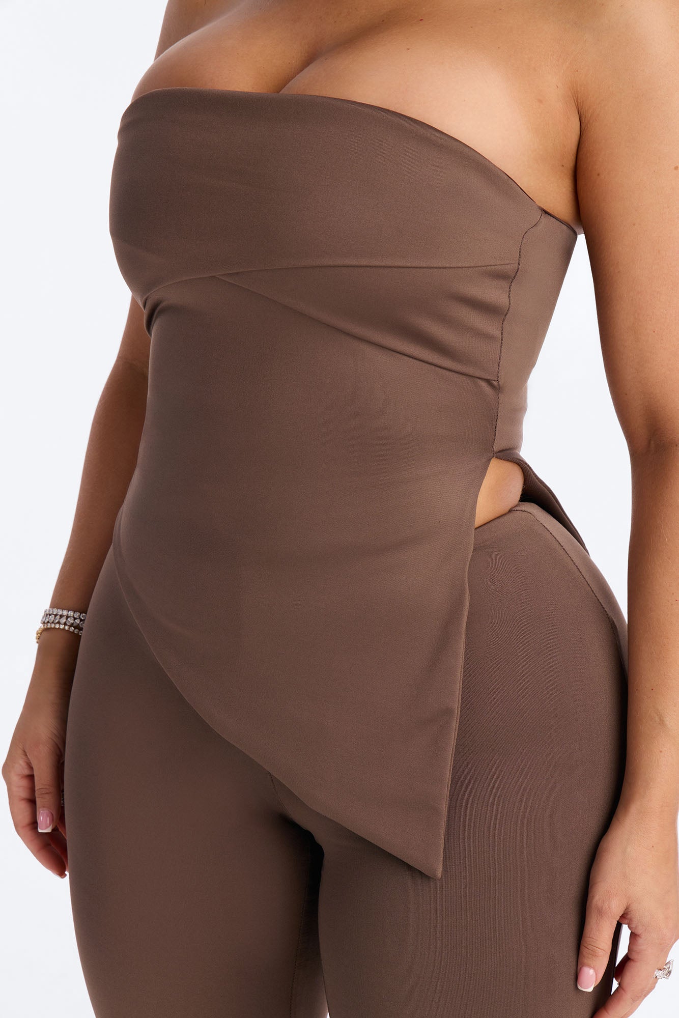 Contour Double Lined Asymmetrical Split Tube Top - Brown image 3