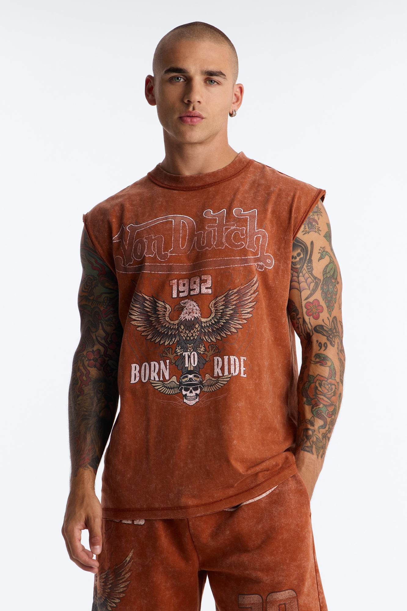 Von Dutch Born To Ride Fleece Muscle Tee - Orange
