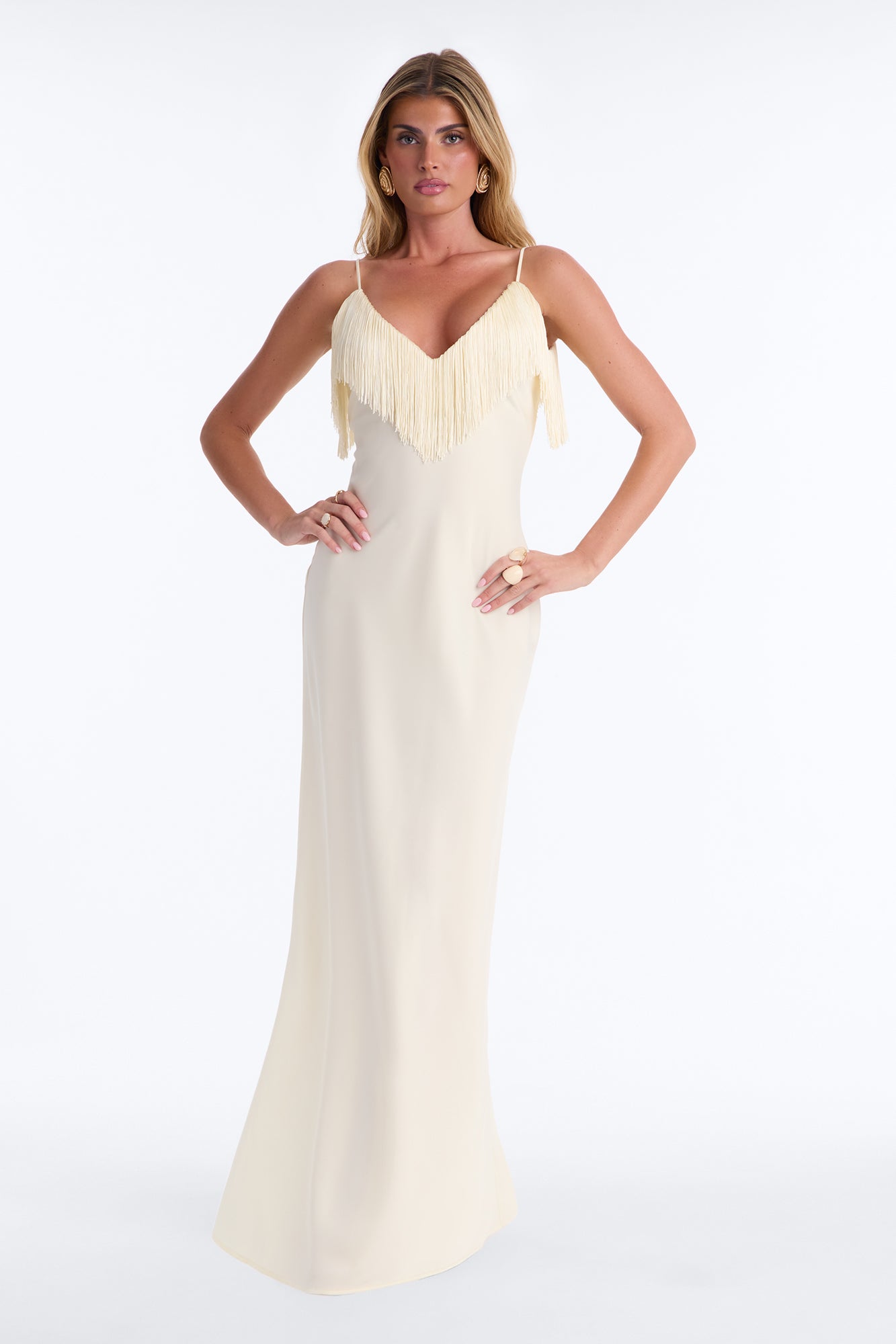 Brielle Satin Fringe Maxi Dress - Ivory