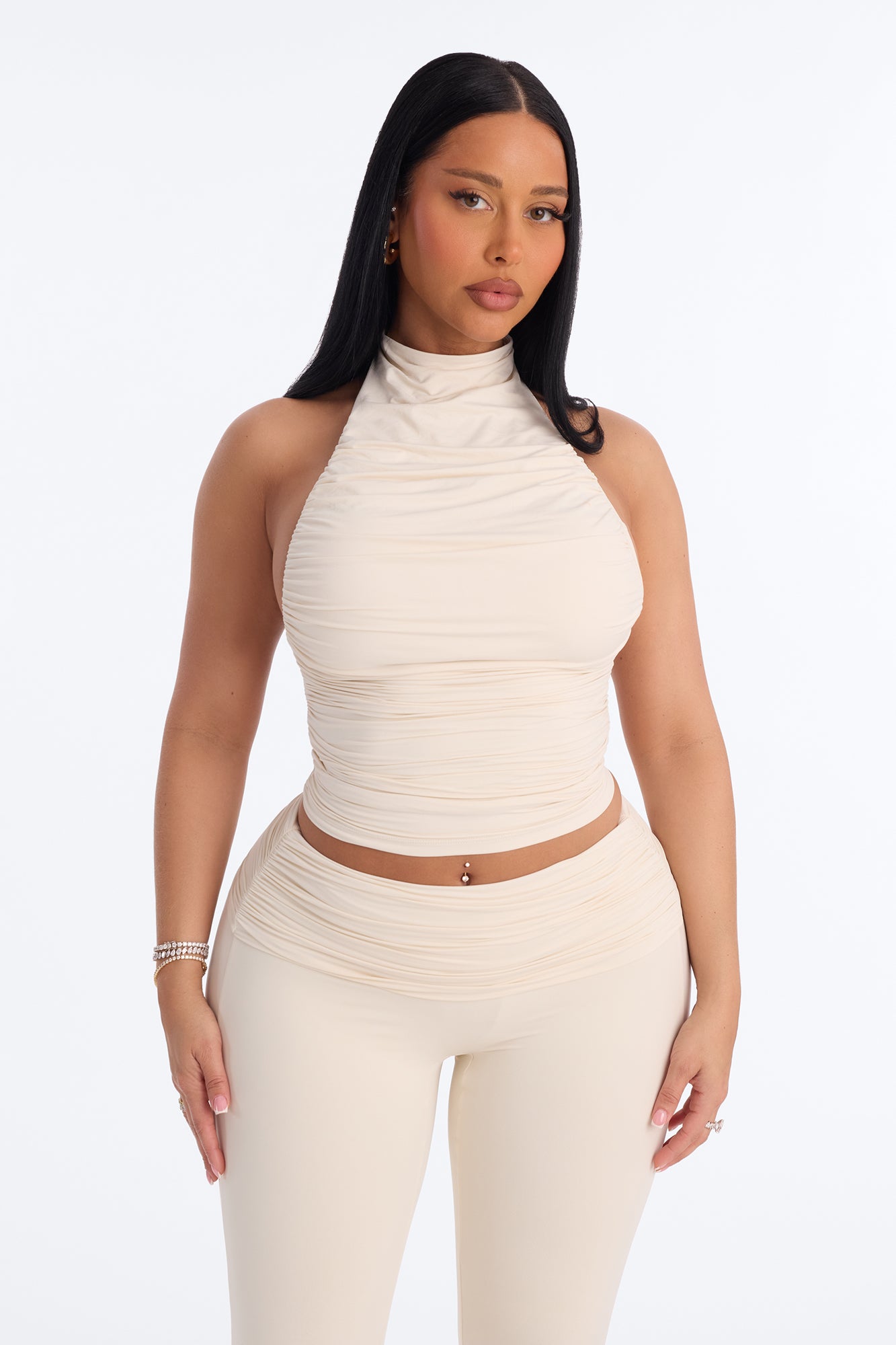 Second Skin Double Lined Ruched Mock Neck Halter Top - Bone