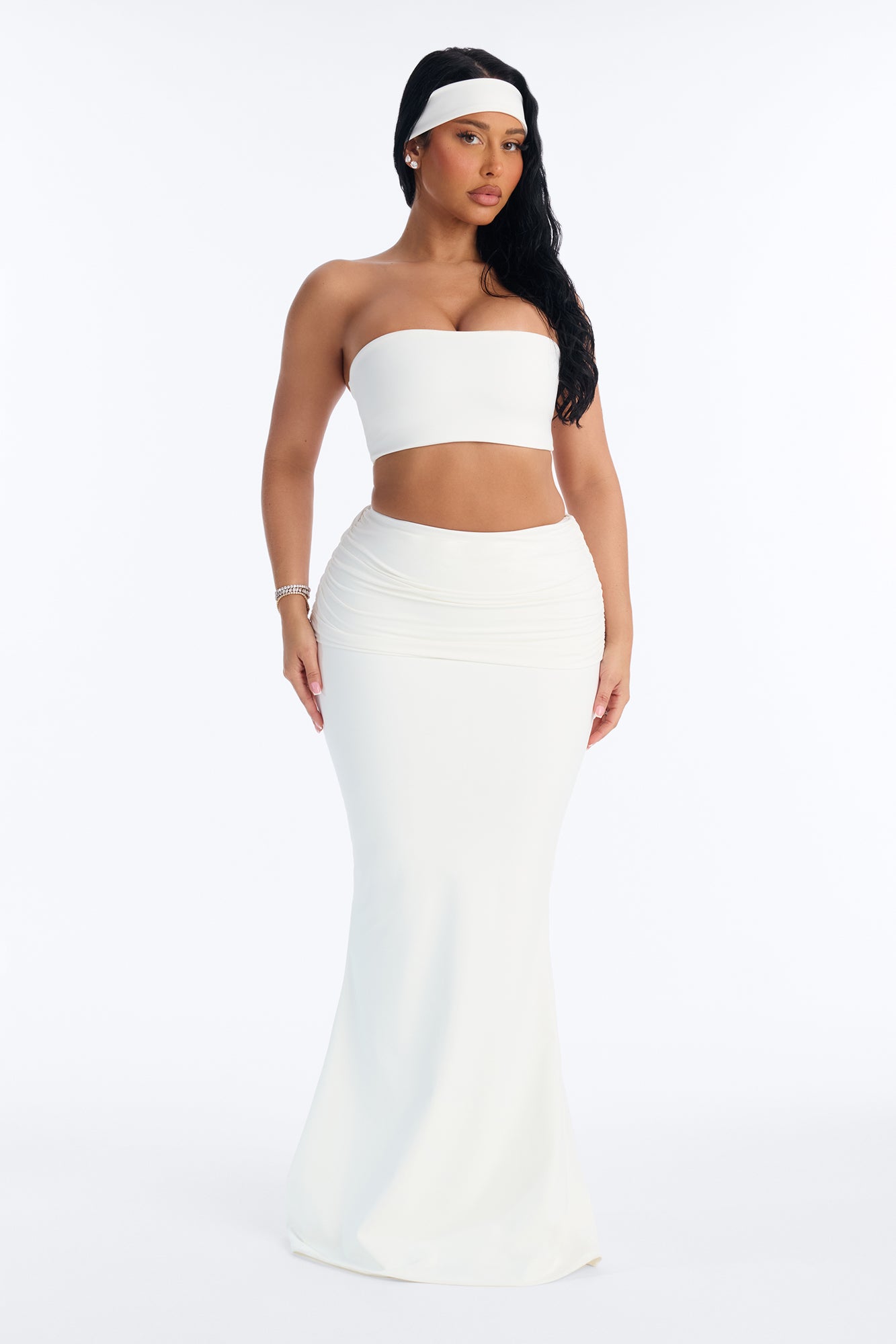 Bianca Matte Form Double Lined Fold Over Maxi Skirt Set - White