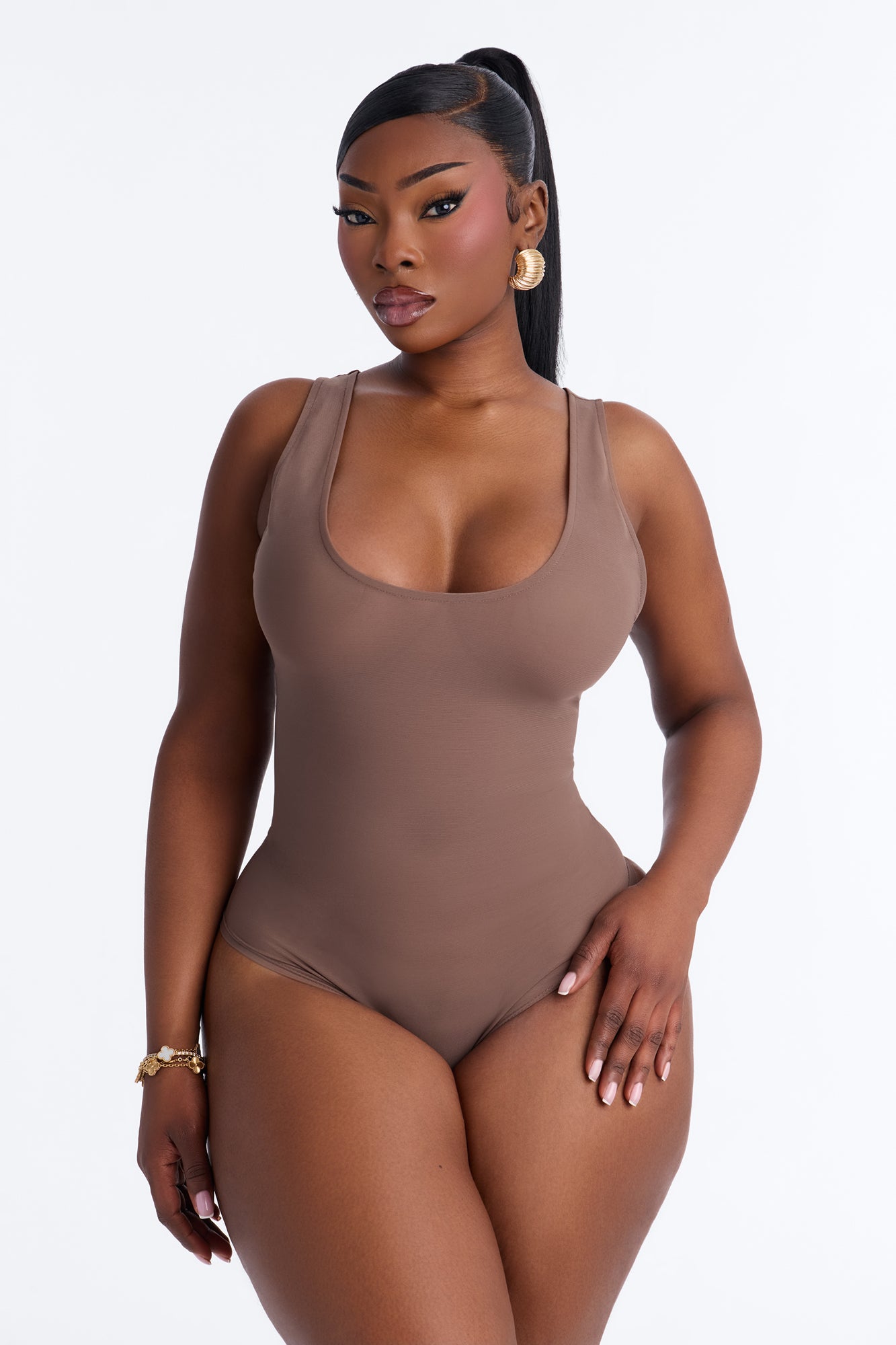 Power Mesh Deep U Neck Sleeveless Bodysuit - Brown image 7