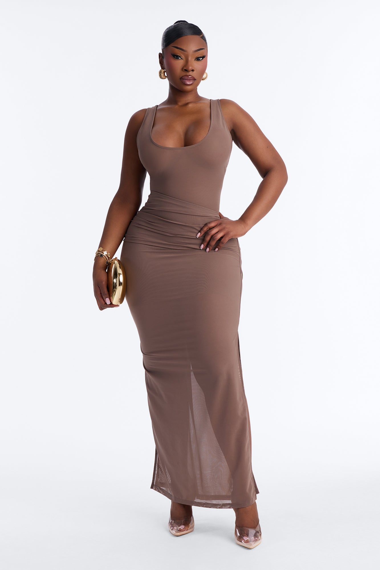 Power Mesh Deep U Neck Sleeveless Bodysuit - Brown image 6