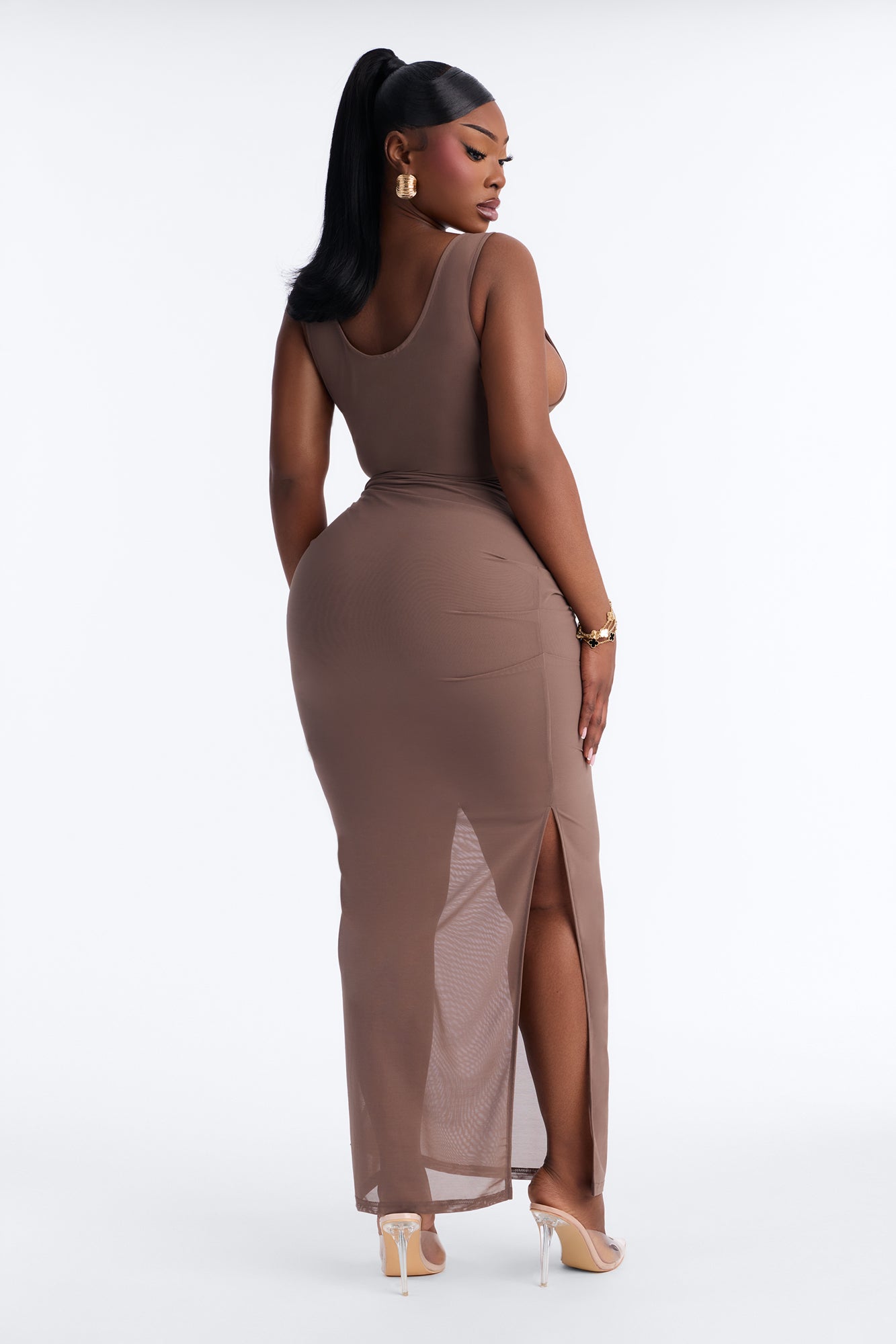 Power Mesh Ruched Maxi Skirt - Brown image 8