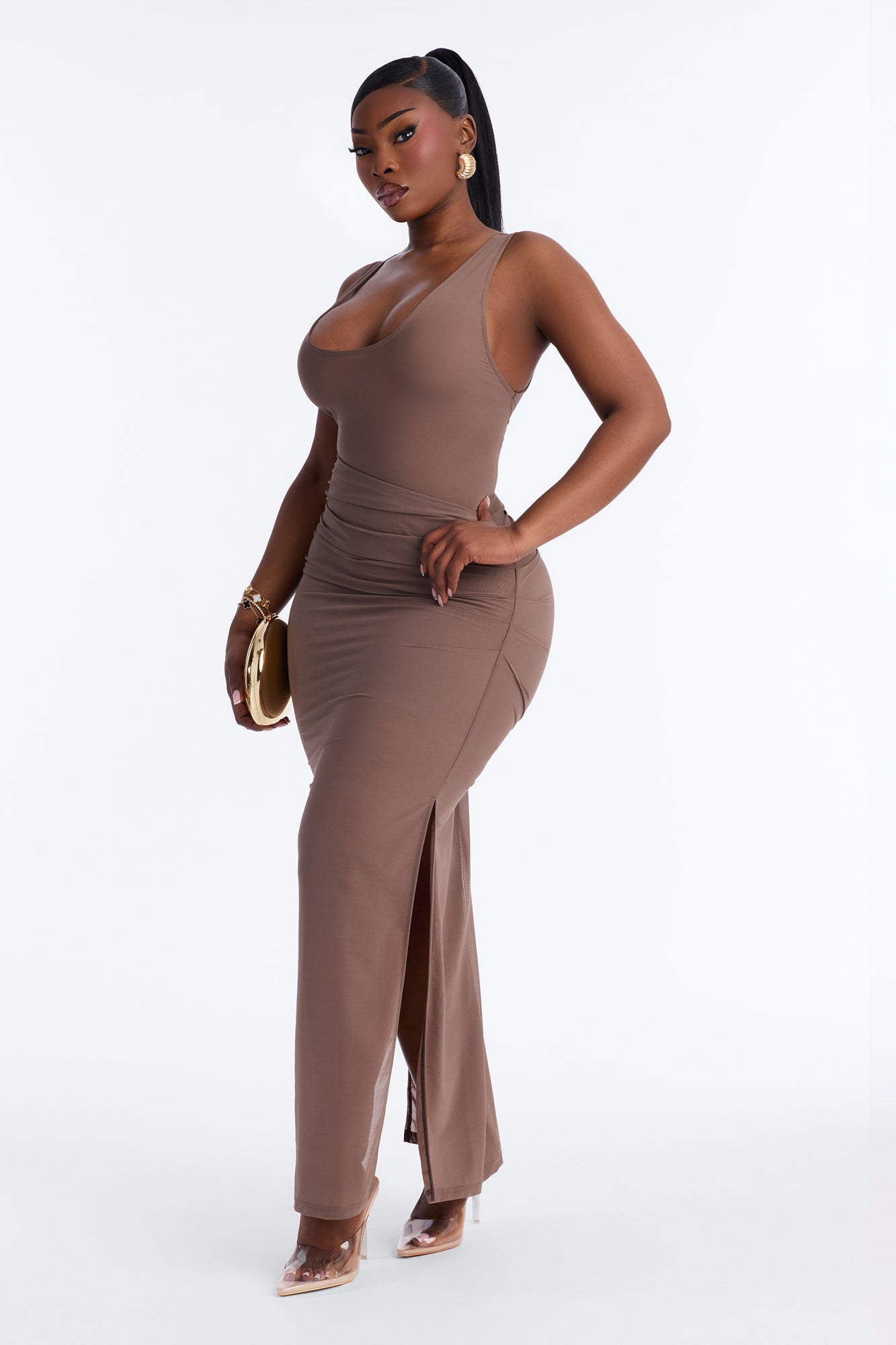 Power Mesh Ruched Maxi Skirt - Brown image 5