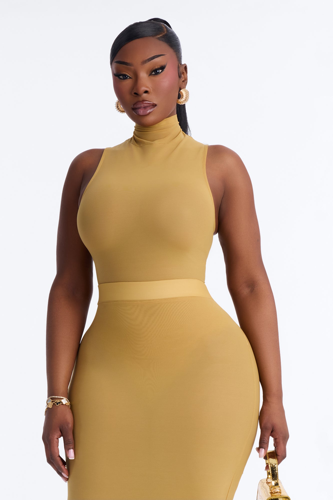 Power Mesh Turtle Neck Sleeveless Bodysuit - Honey image 7