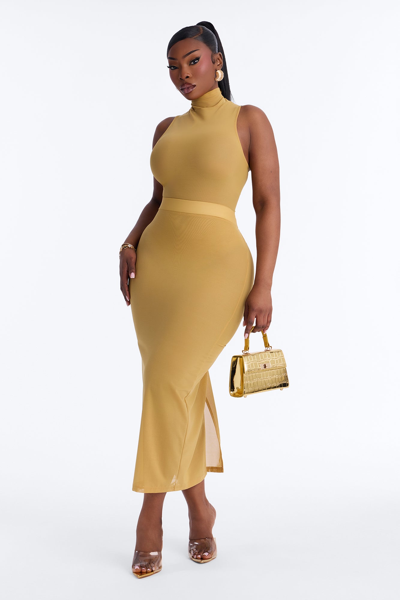 Power Mesh Turtle Neck Sleeveless Bodysuit - Honey image 6