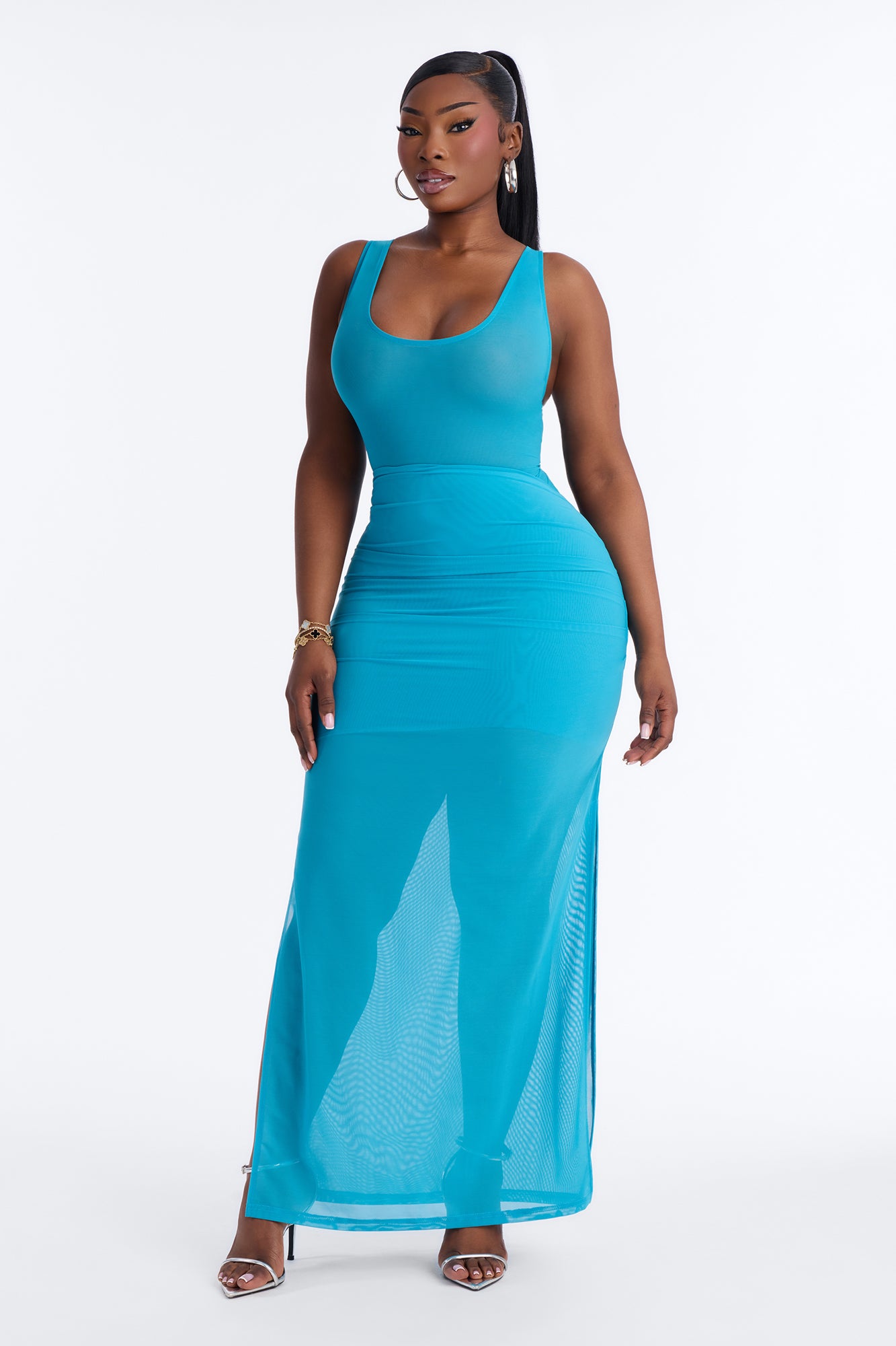 Power Mesh Ruched Maxi Skirt - Blue image 5