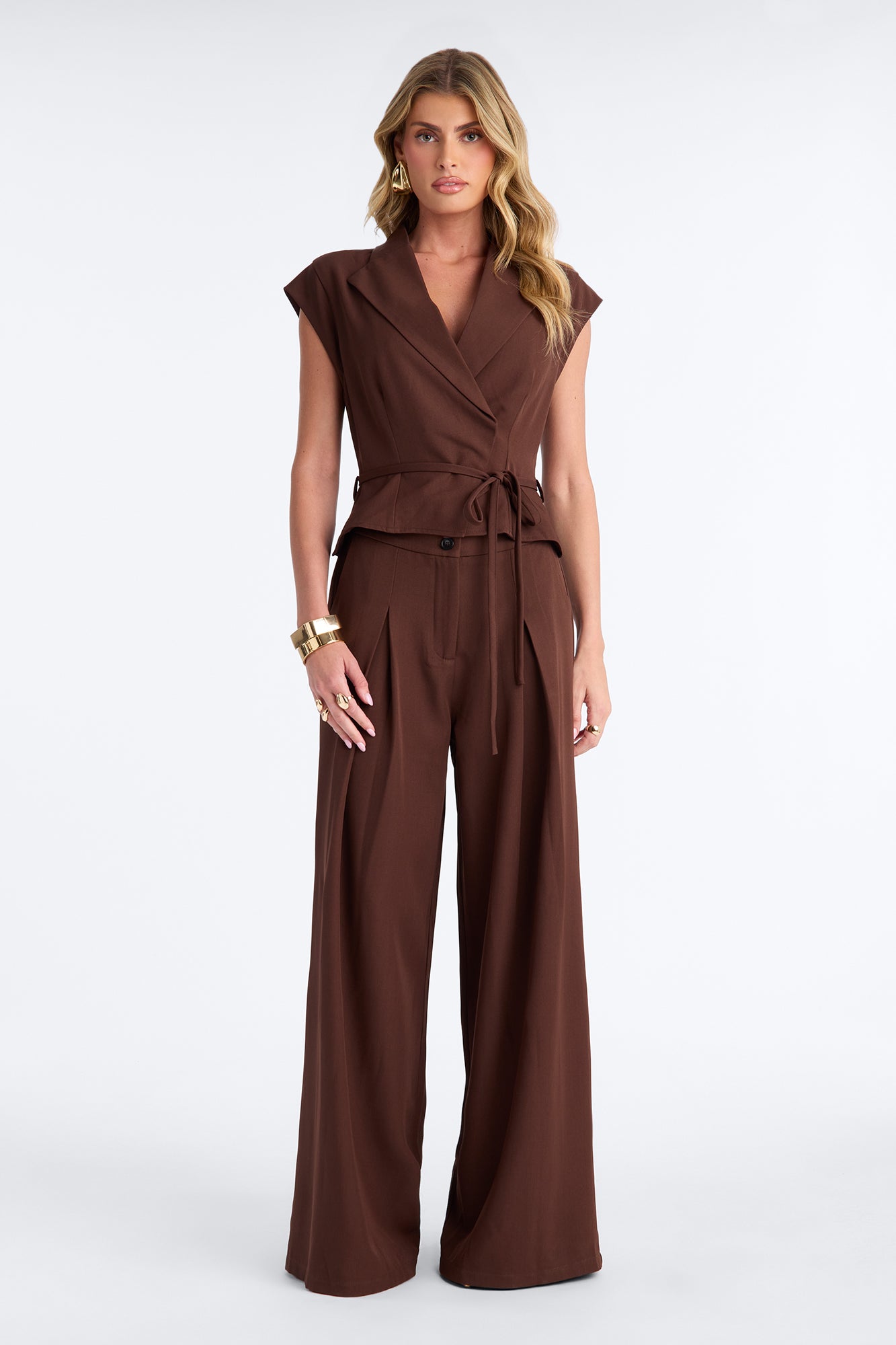 Cynthia Tie Waist Wide Leg Jumpsuit - Chocolate