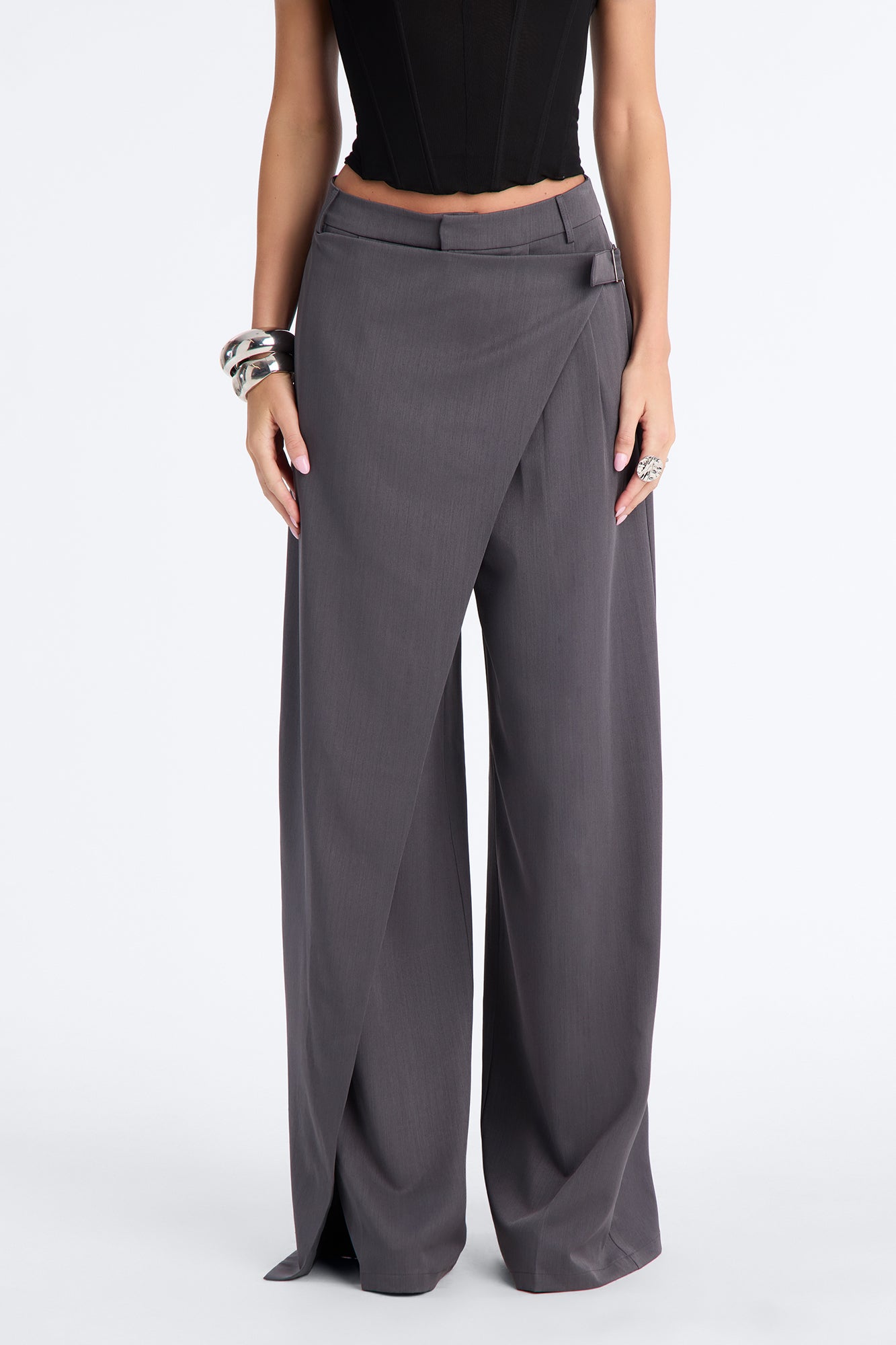 Tall Tailored Touch Wrap Front Trouser - Charcoal
