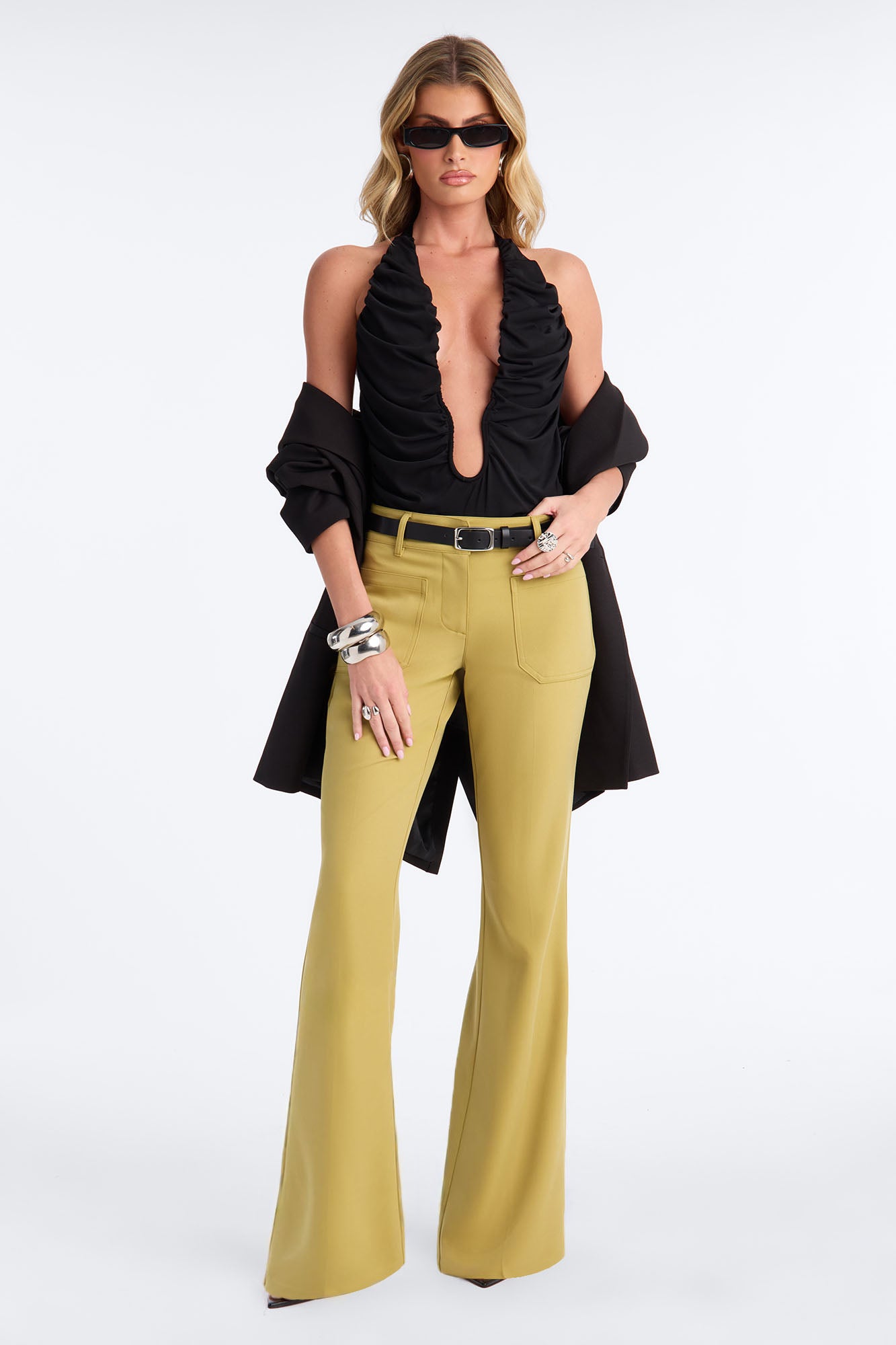 Caris Straight Leg Belted Trouser - Chartreuse