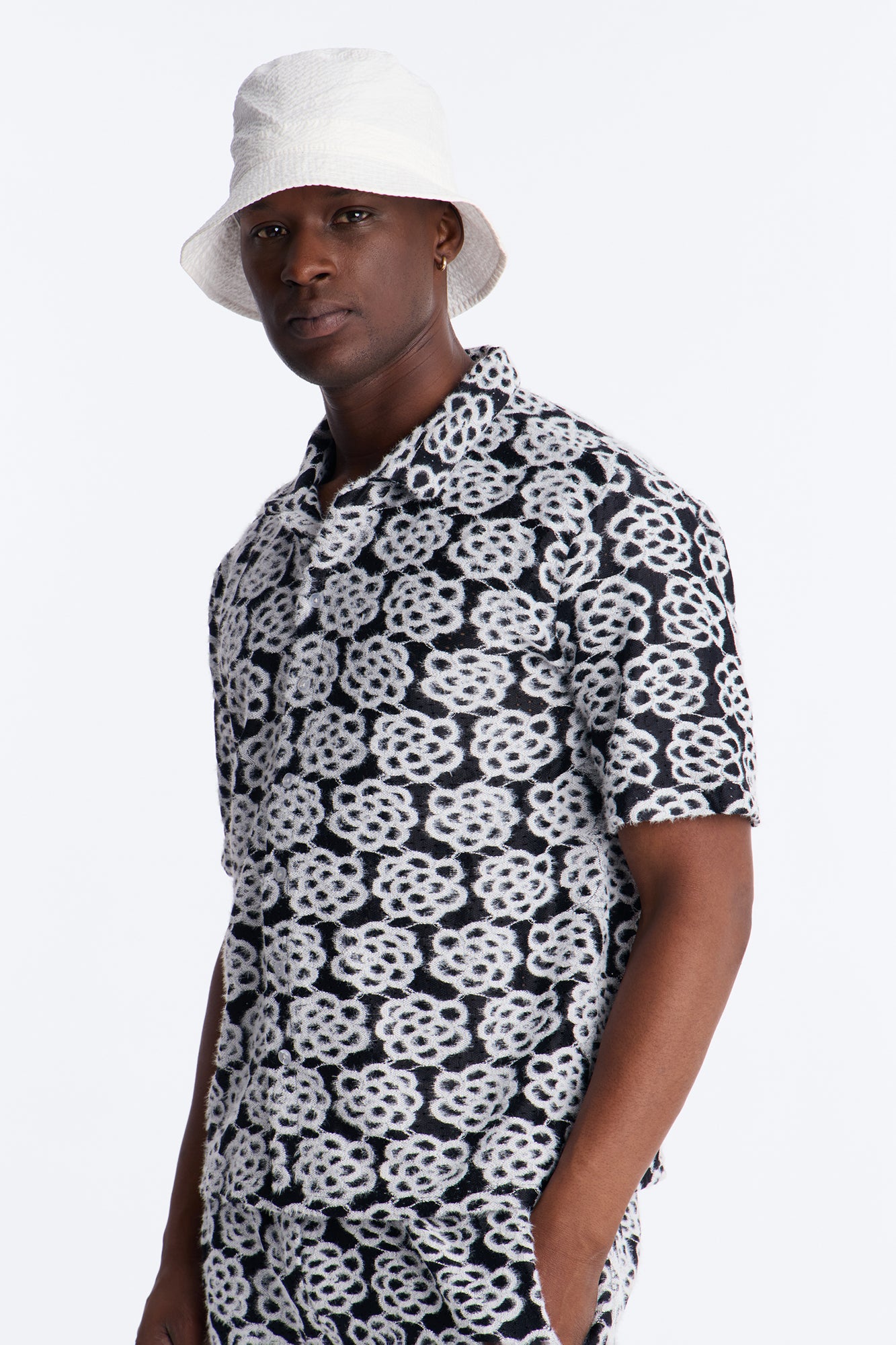 Snow Leopard Drift Cuban Collar Shirt - Black/White