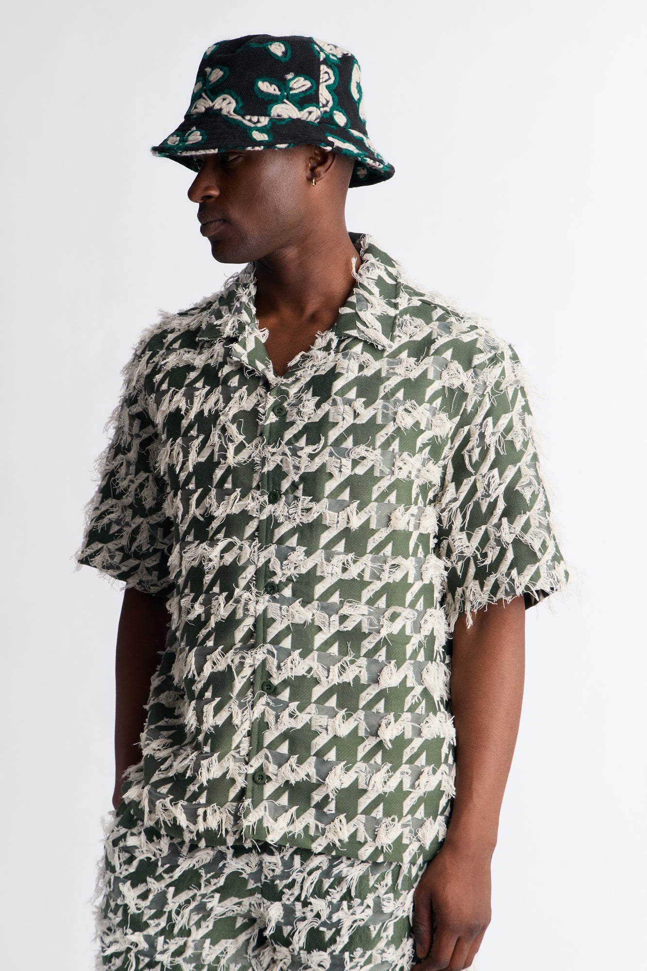 Relaxed Houndstooth Nomad Cuban Collar Button Up Shirt - Green