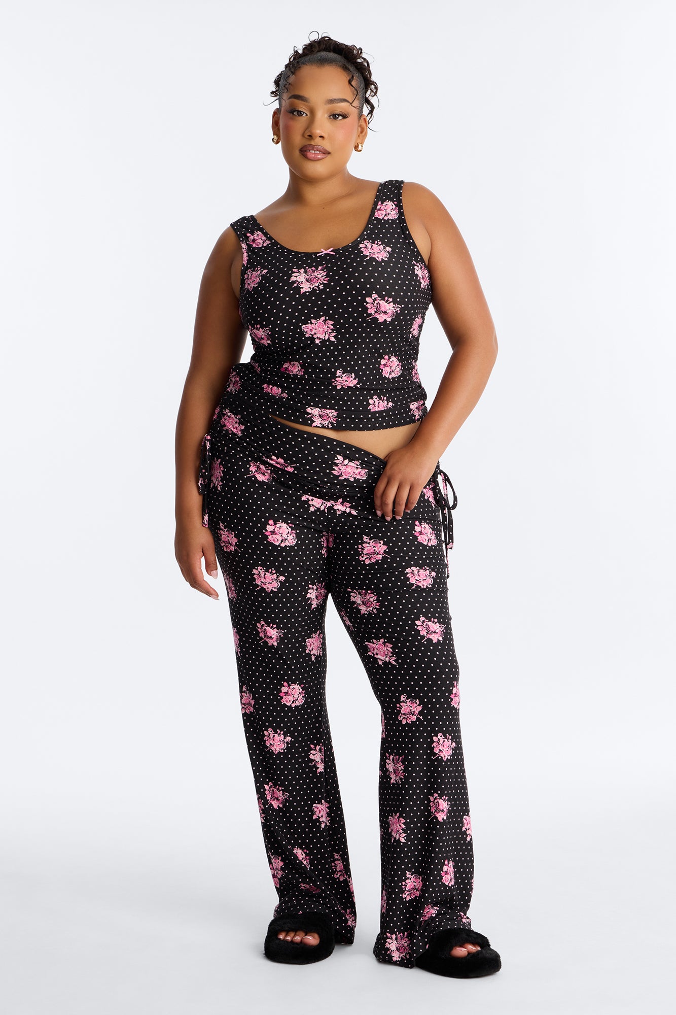Petty Dreams Tank PJ Foldover Pant Set - Black/Pink