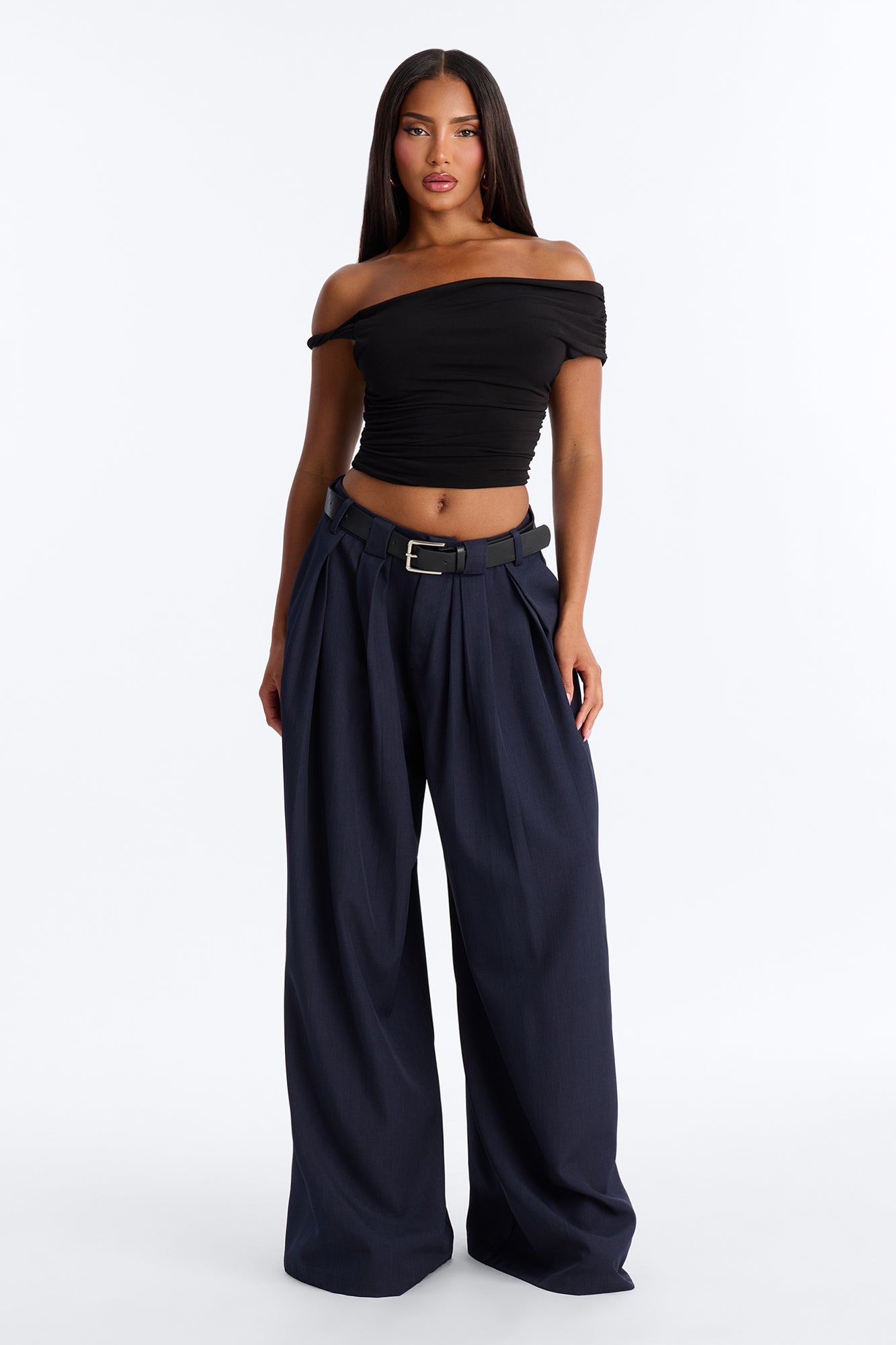 No Brainer Belted Wide Leg Pleated Pant - Navy