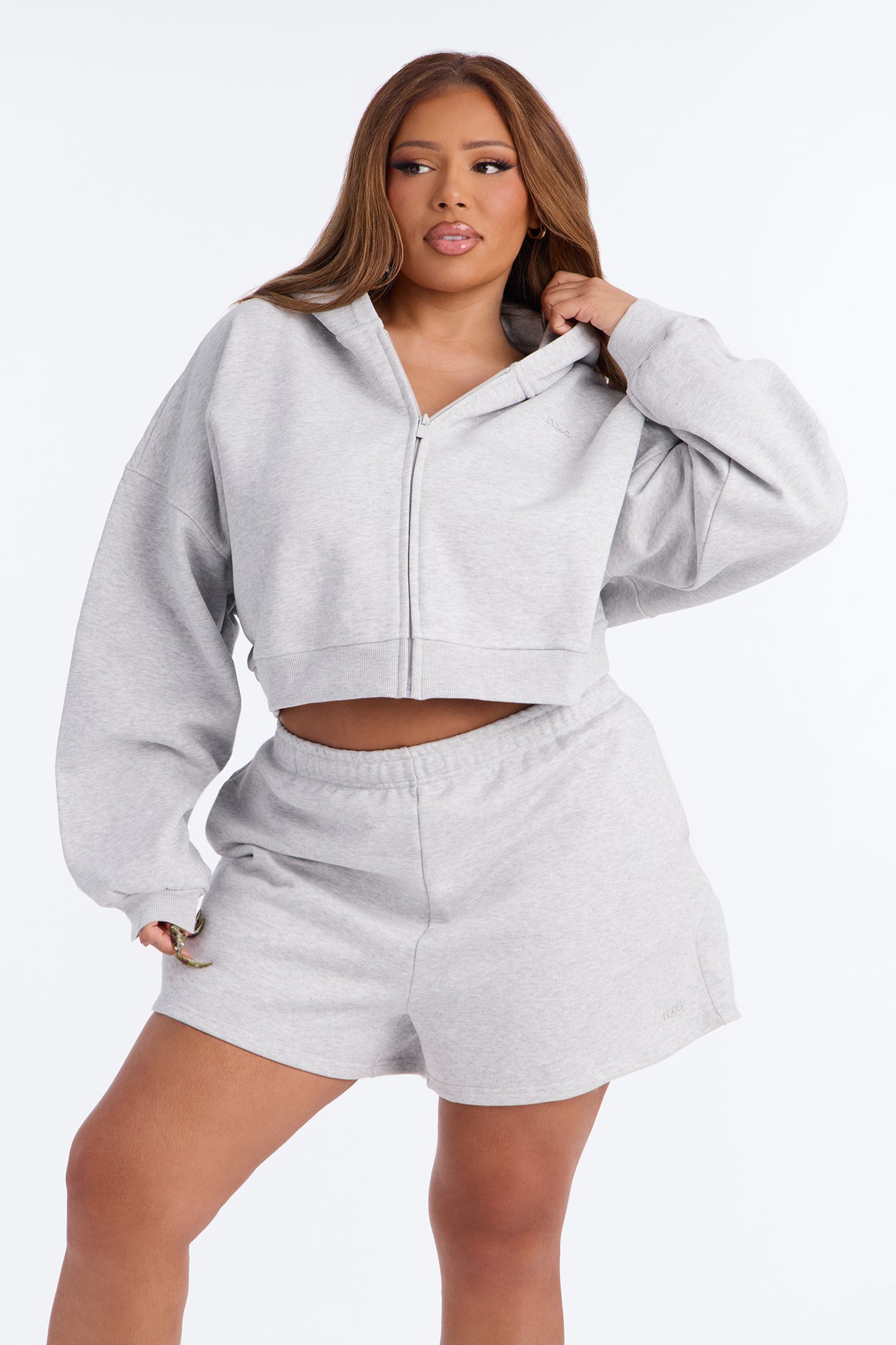 Libby Boxy Crop Zip Hoodie Fleece Sweatshirt - Heather Grey