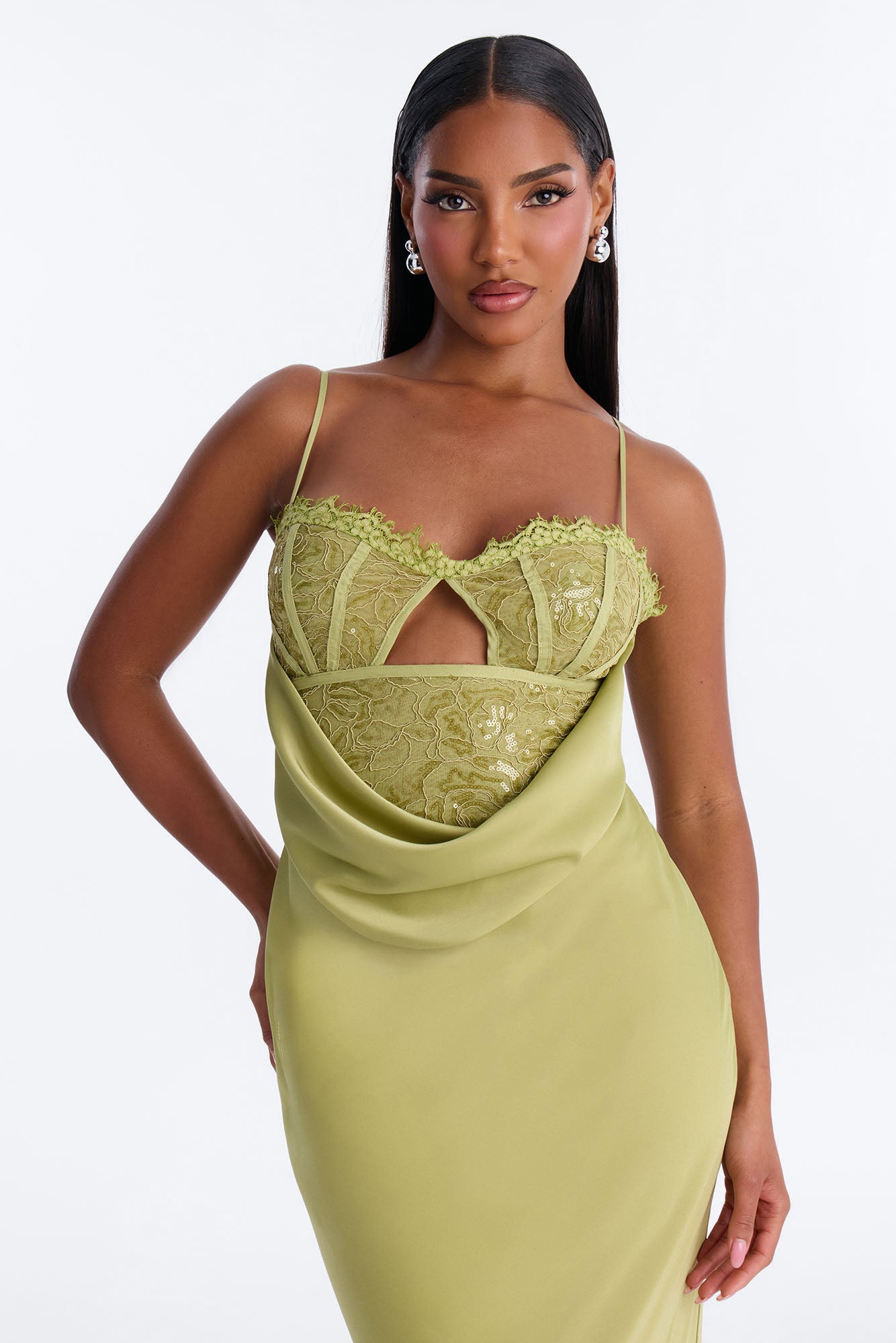 Pure Confidence Lace Satin Maxi Dress - Sage