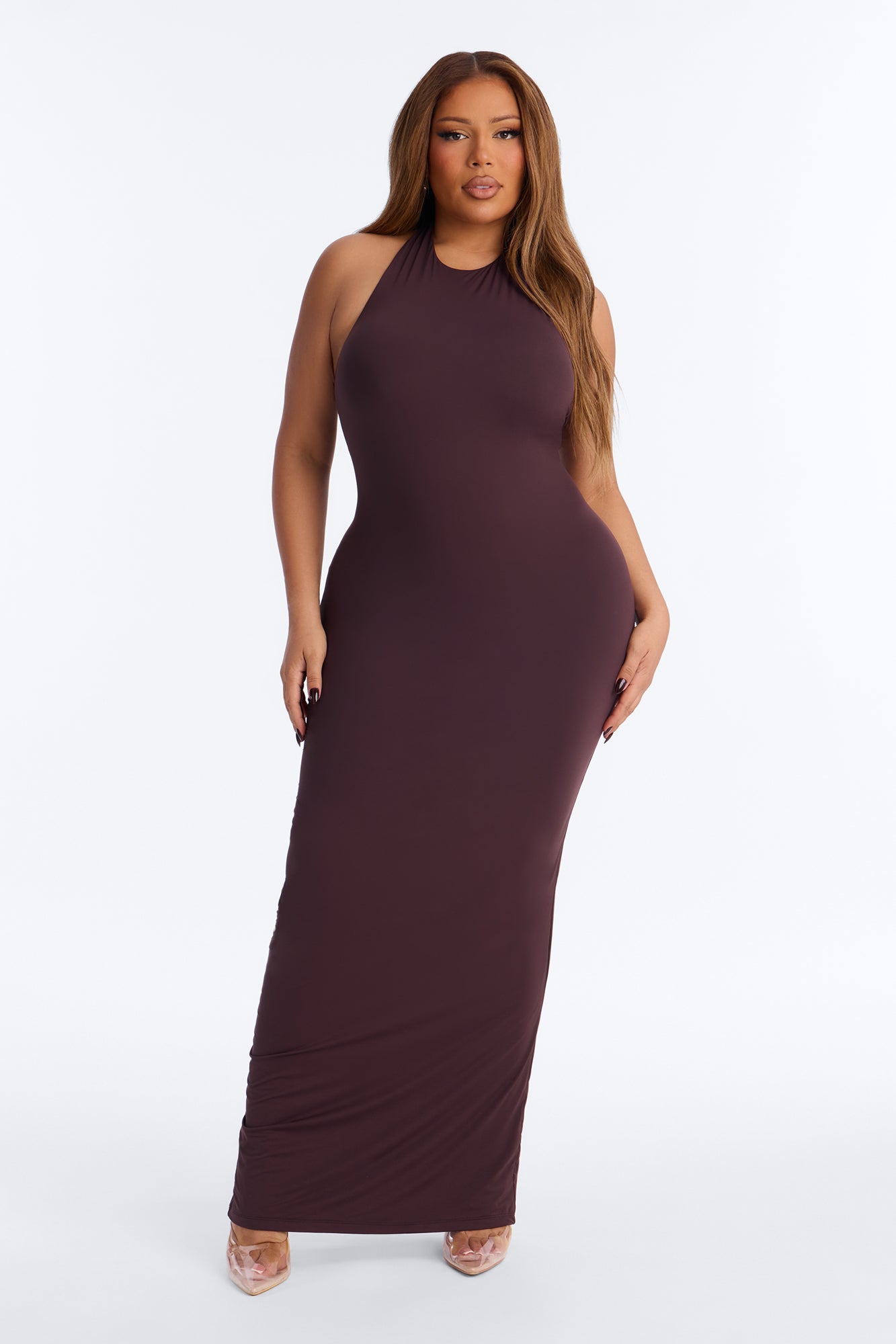 Second Skin Bra Pad Sleeveless Halter Maxi Dress - Chocolate image 5