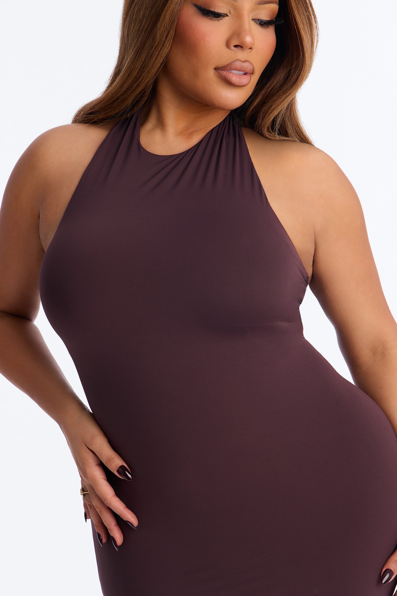 Second Skin Bra Pad Sleeveless Halter Maxi Dress - Chocolate image 7
