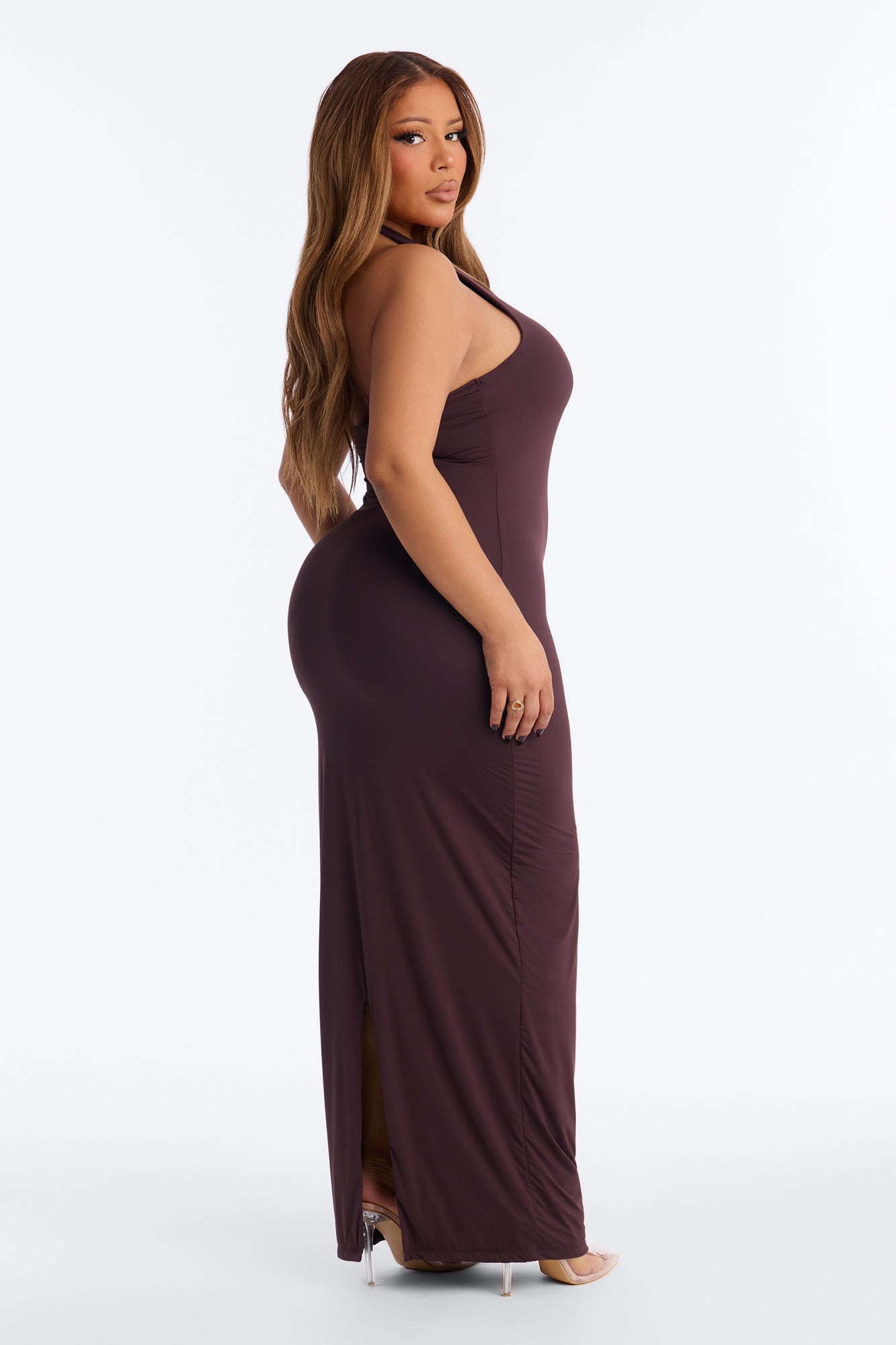 Second Skin Bra Pad Sleeveless Halter Maxi Dress - Chocolate image 8
