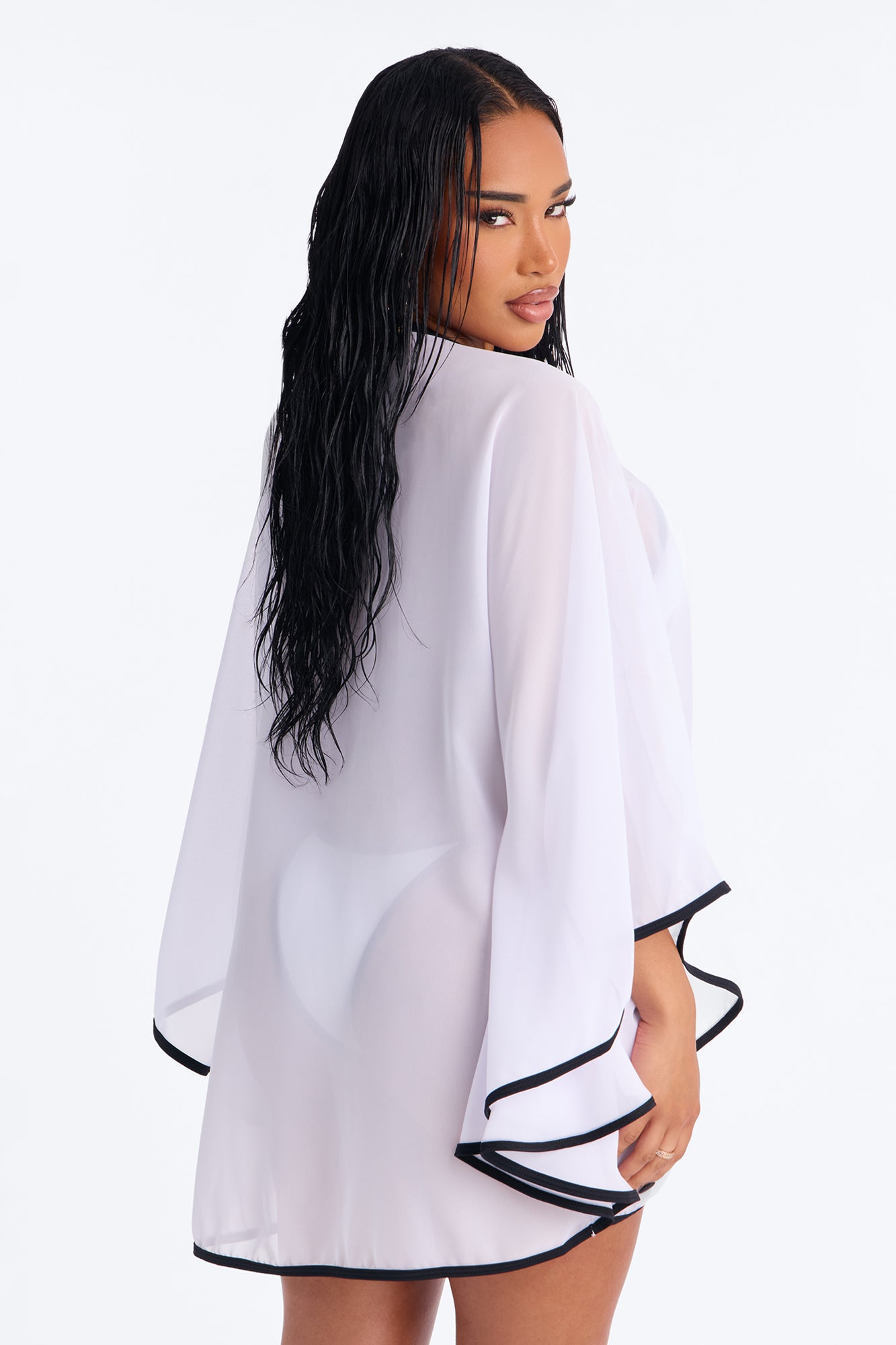 Risky Dip 3 Piece Triangle Bikini & Cover Up Kimono Sunsuit - White/Black image 8