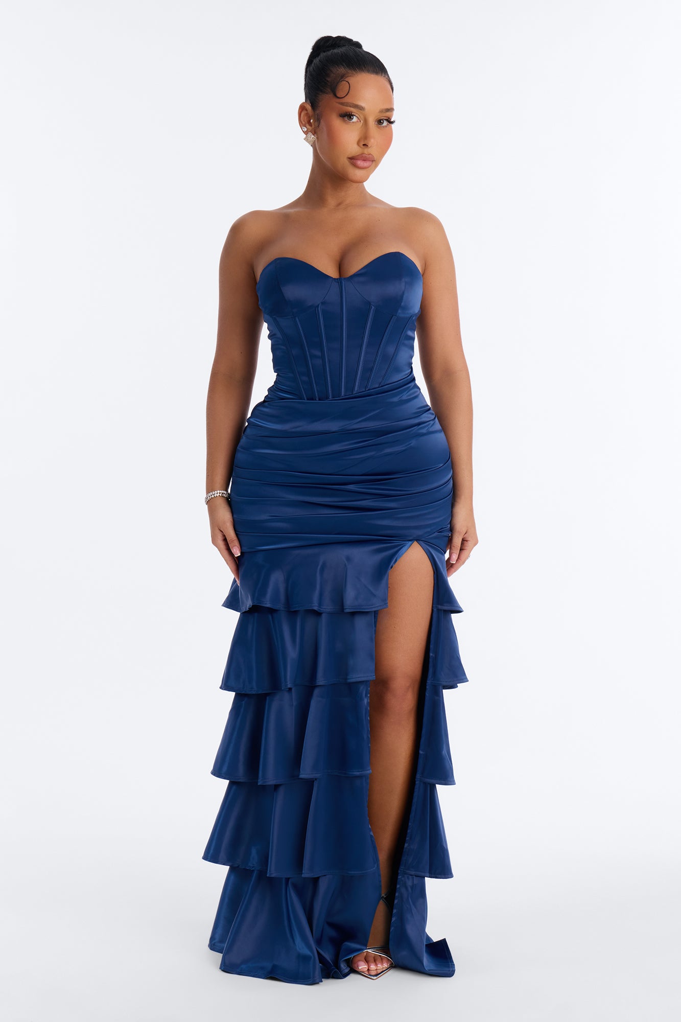 Bold Glamour Ruffle Satin Gown - Navy
