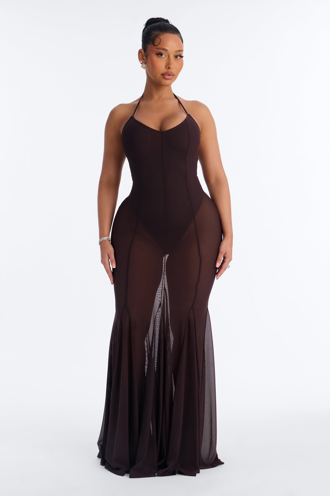 Power Mesh V Neck Halter Maxi Dress - Chocolate